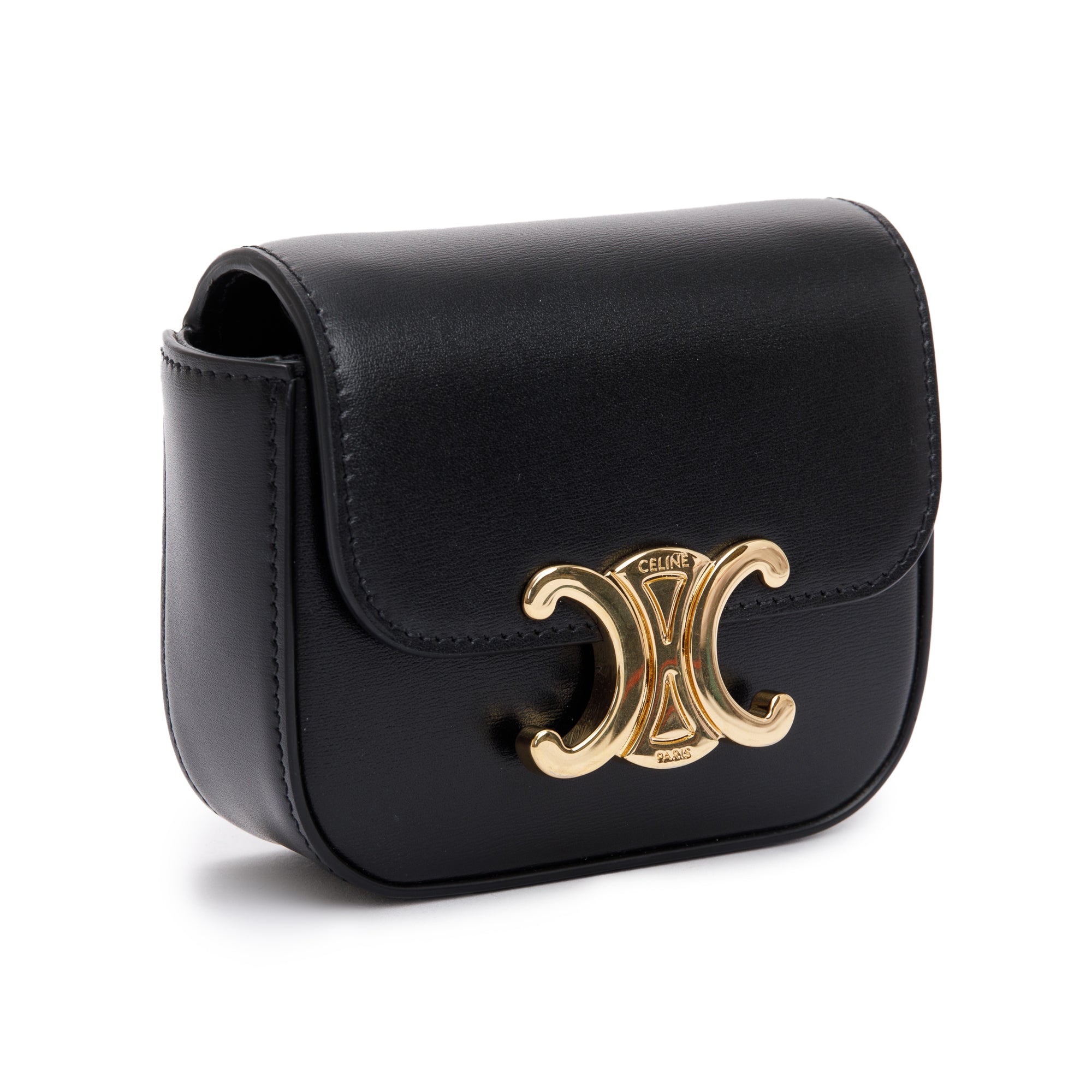 Celine 2022 Black Calfskin Leather Mini Triomphe Belt Bag w/ Box