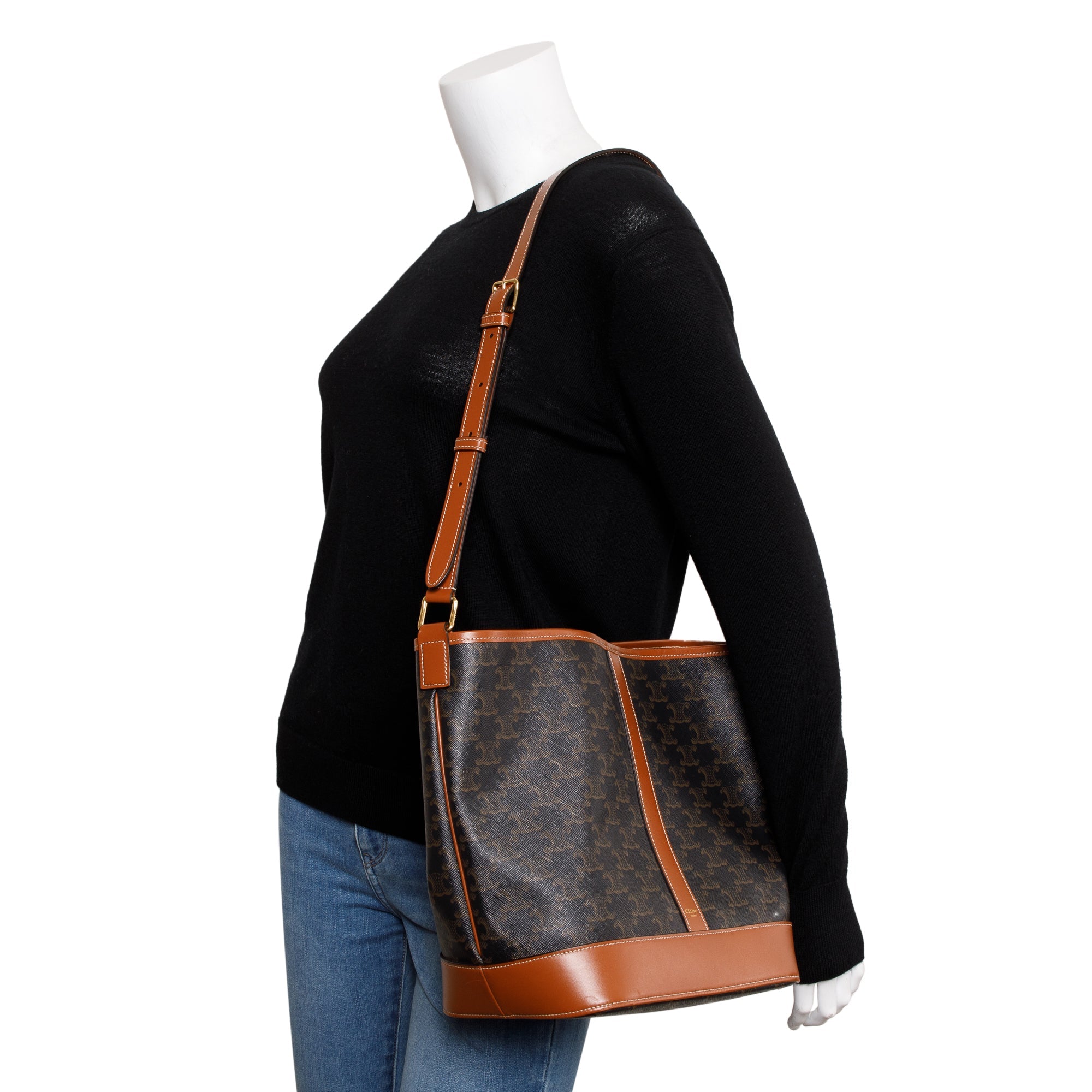 Celine 2022 Brown Triomphe Canvas Medium Bucket Bag