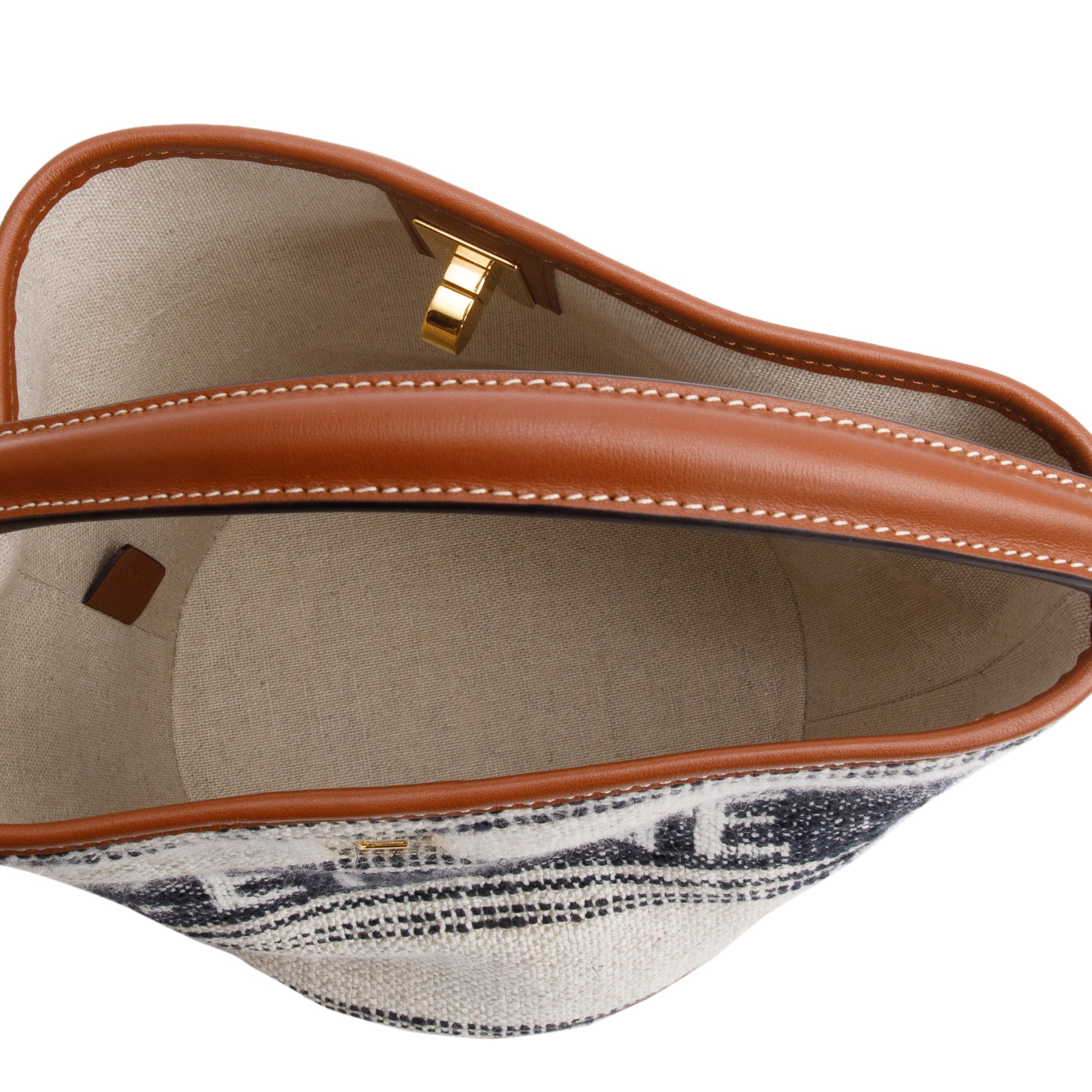 Celine 2022 Neutral Canvas Brown Leather Logo Teen 16 Bucket Bag w/ Strap