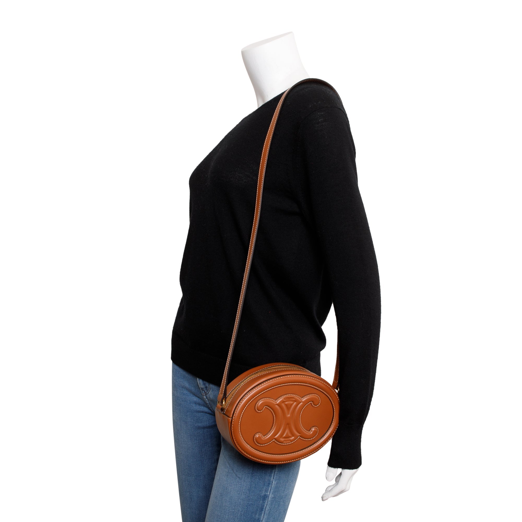 Celine 2022 Tan Smooth Calfskin Leather Cuir Triomphe Oval Crossbody Bag