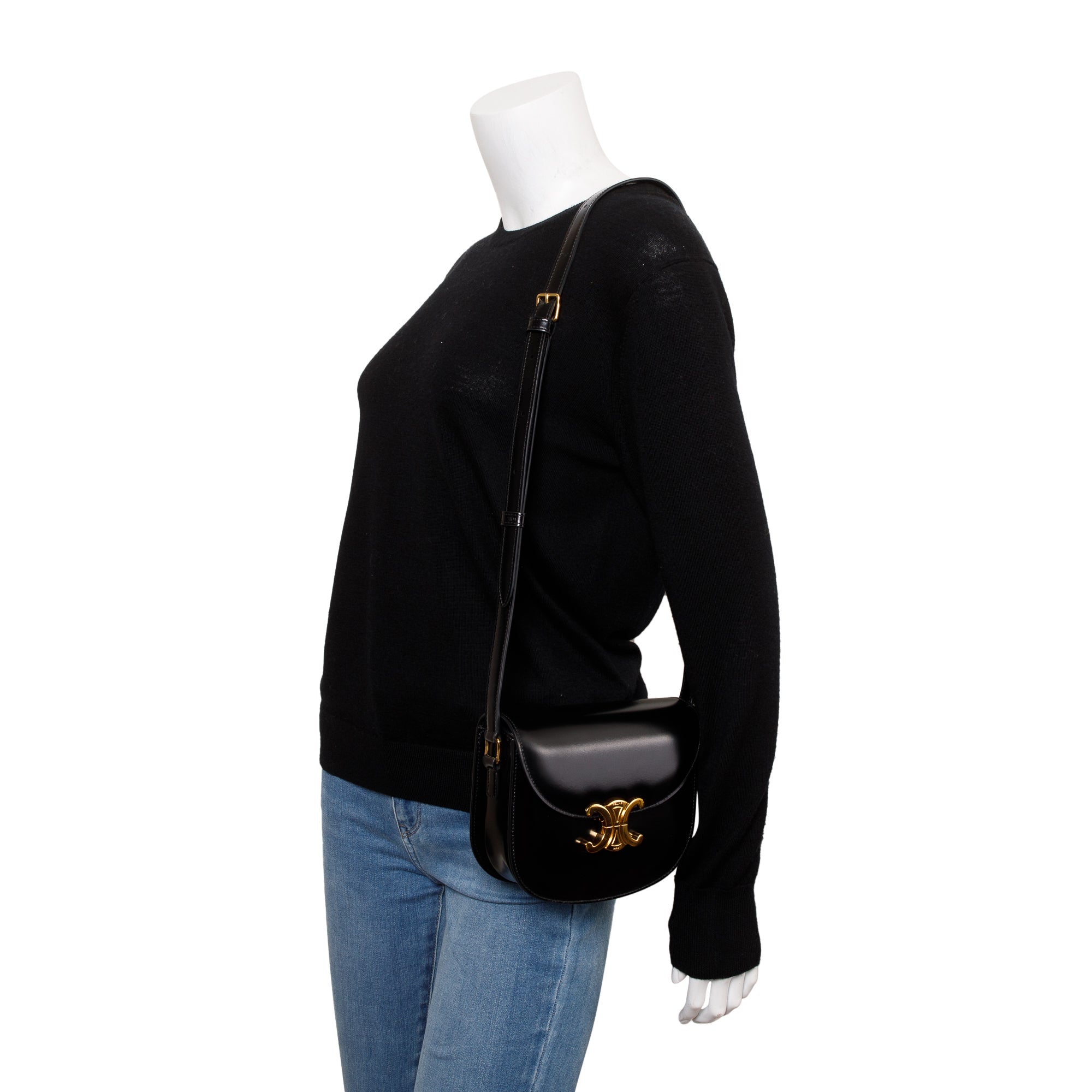 Celine 2023 Black Shiny Calfskin Leather Teen Triomphe Shoulder Bag