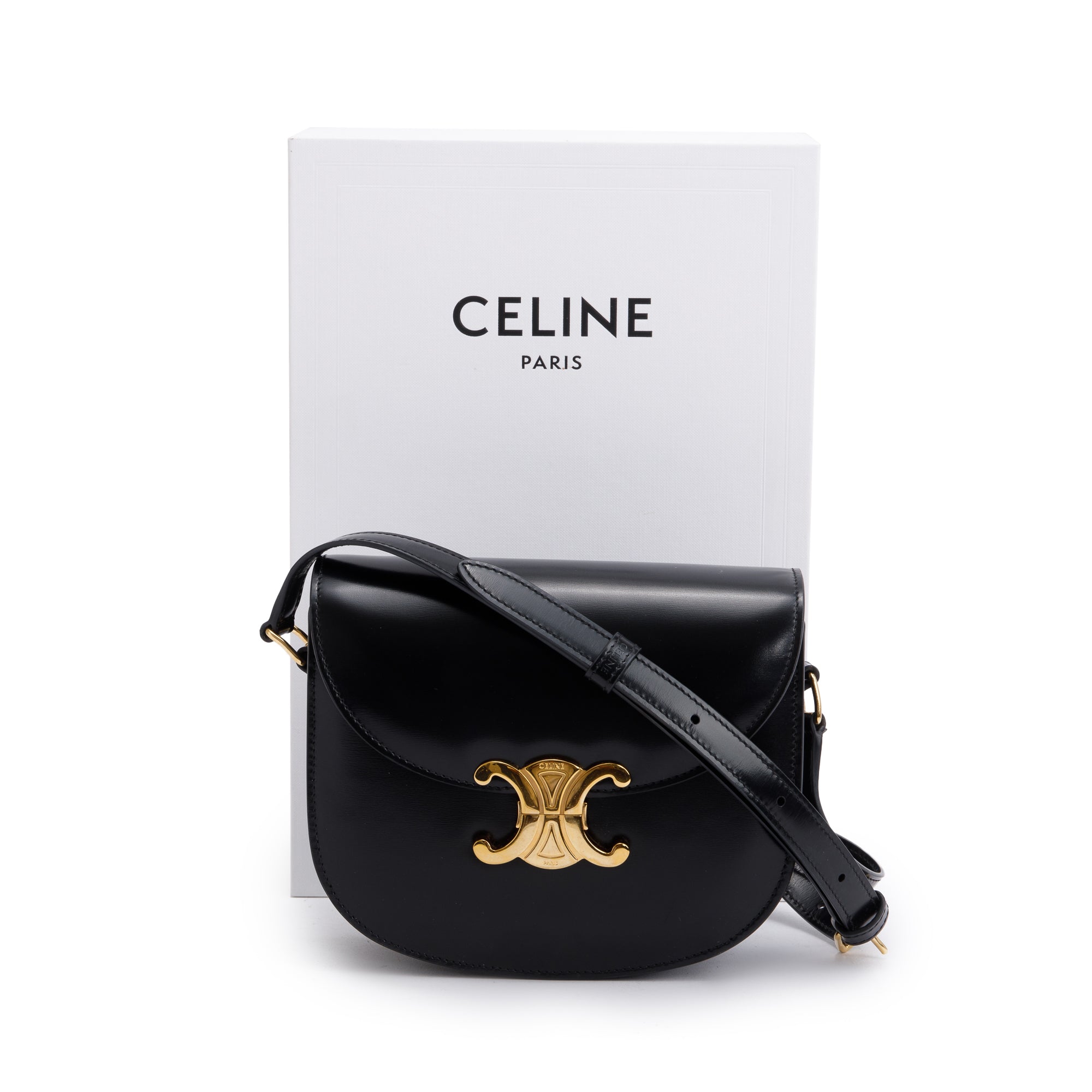 Celine 2023 Black Shiny Calfskin Leather Teen Triomphe Shoulder Bag