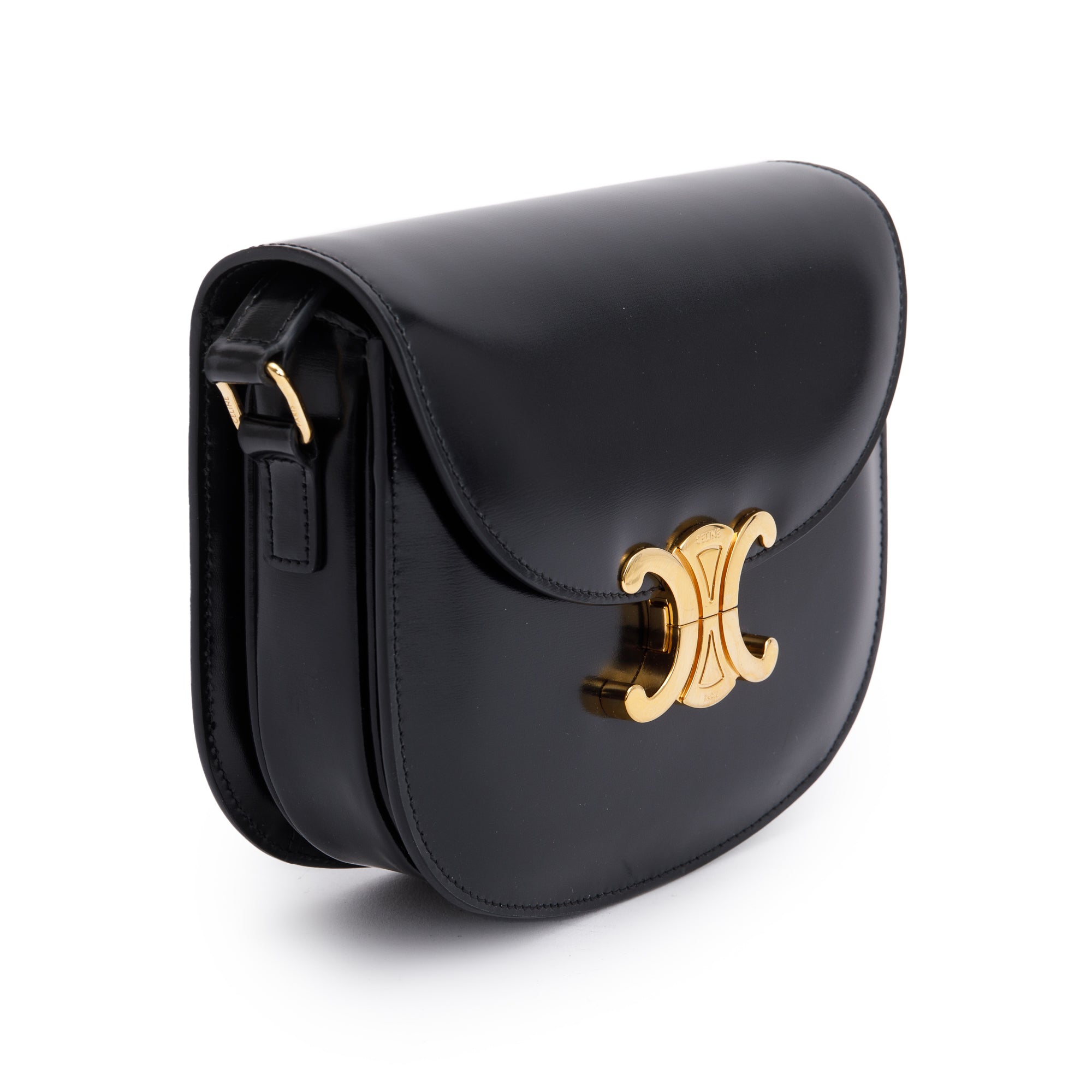 Celine 2023 Black Shiny Calfskin Leather Teen Triomphe Shoulder Bag