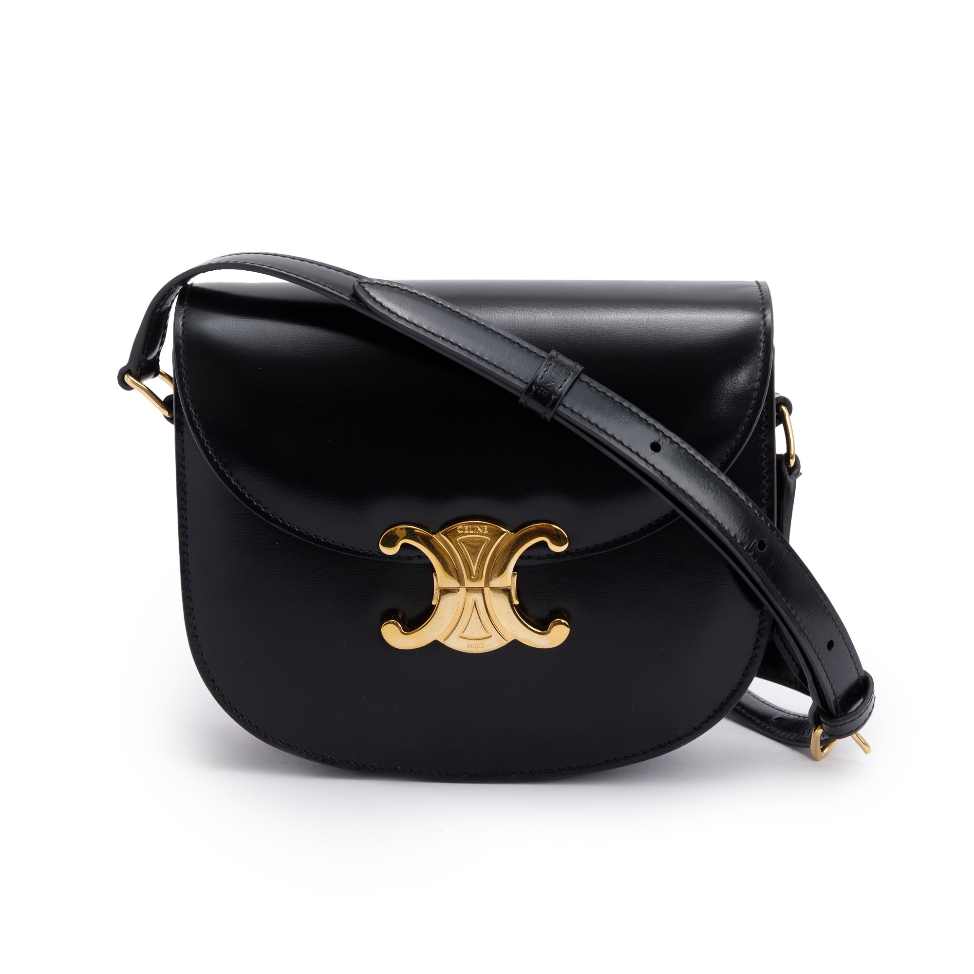 Celine 2023 Black Shiny Calfskin Leather Teen Triomphe Shoulder Bag