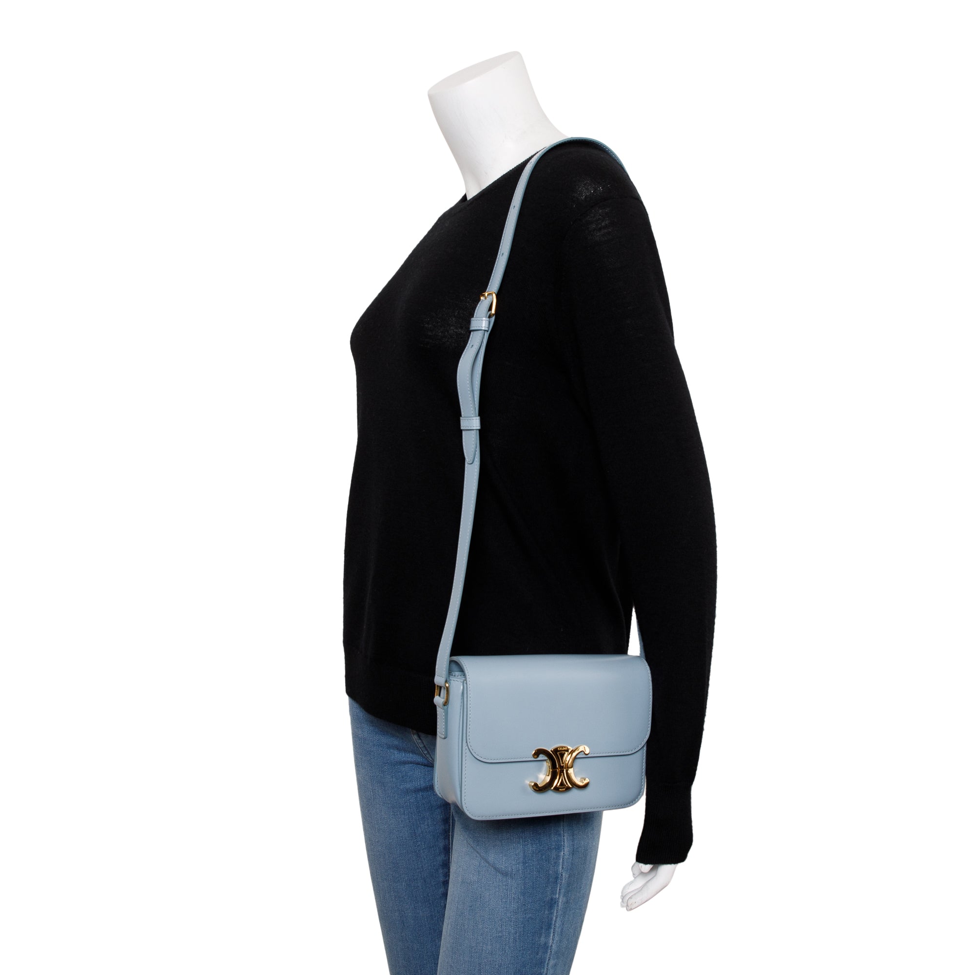 Celine 2023 Blue Shiny Calfskin Leather Teen Triomphe Shoulder Bag