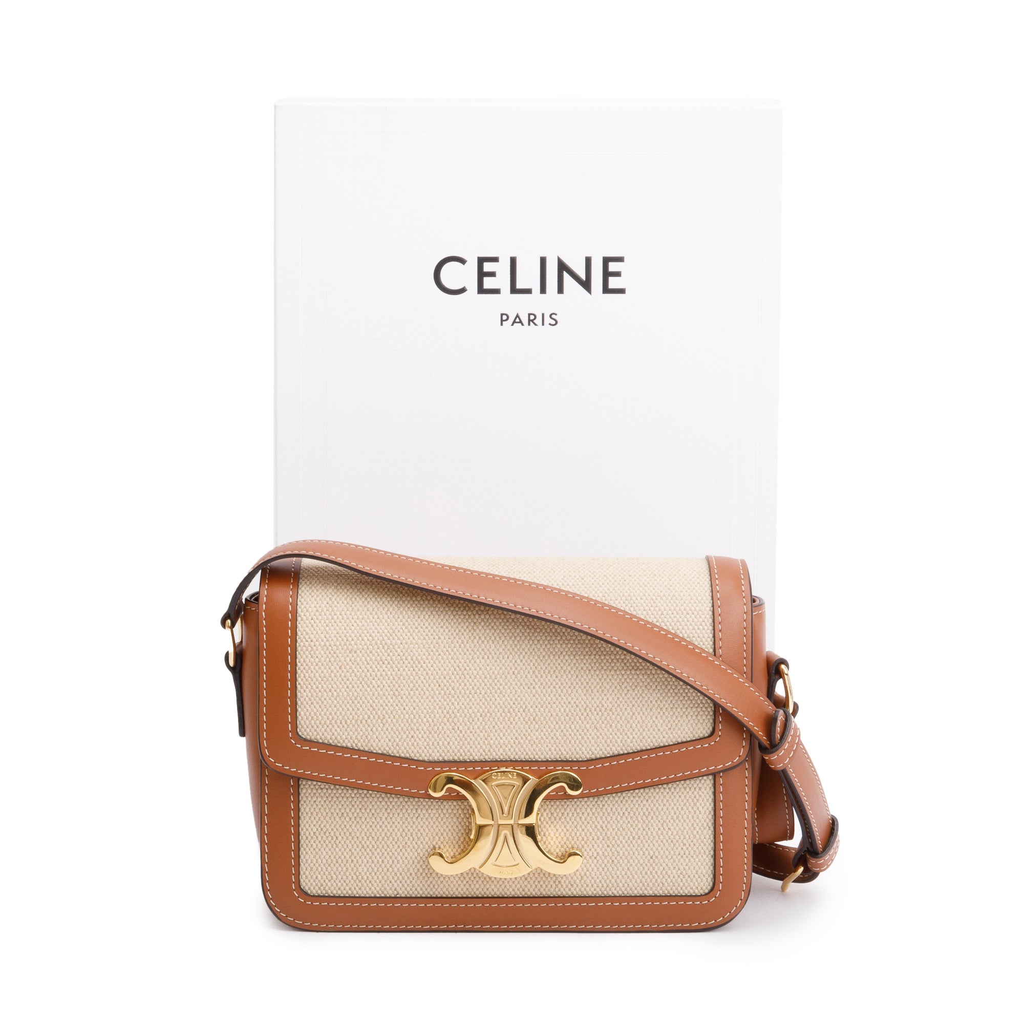 Celine 2023 Natural Canvas Tan Calfskin Leather Teen Triomphe Shoulder Bag w/ Box