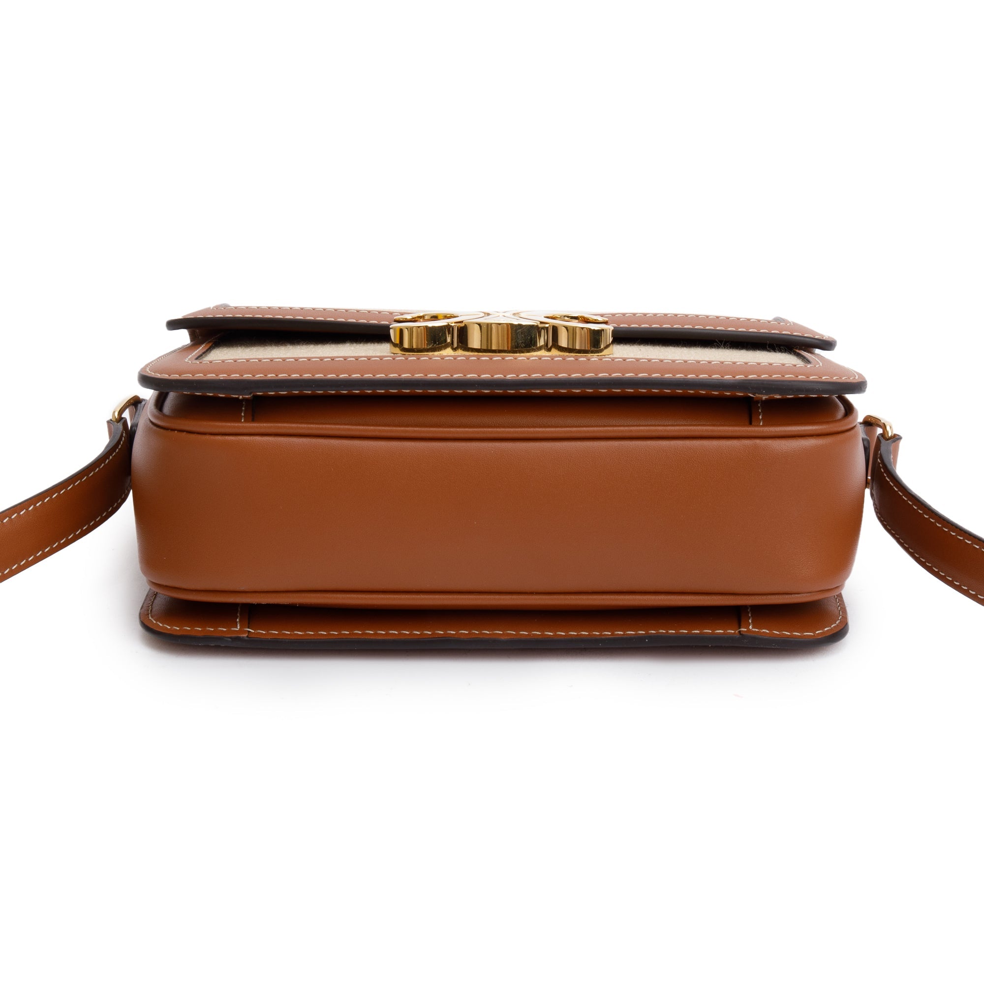 Celine 2023 Natural Canvas Tan Calfskin Leather Teen Triomphe Shoulder Bag w/ Box