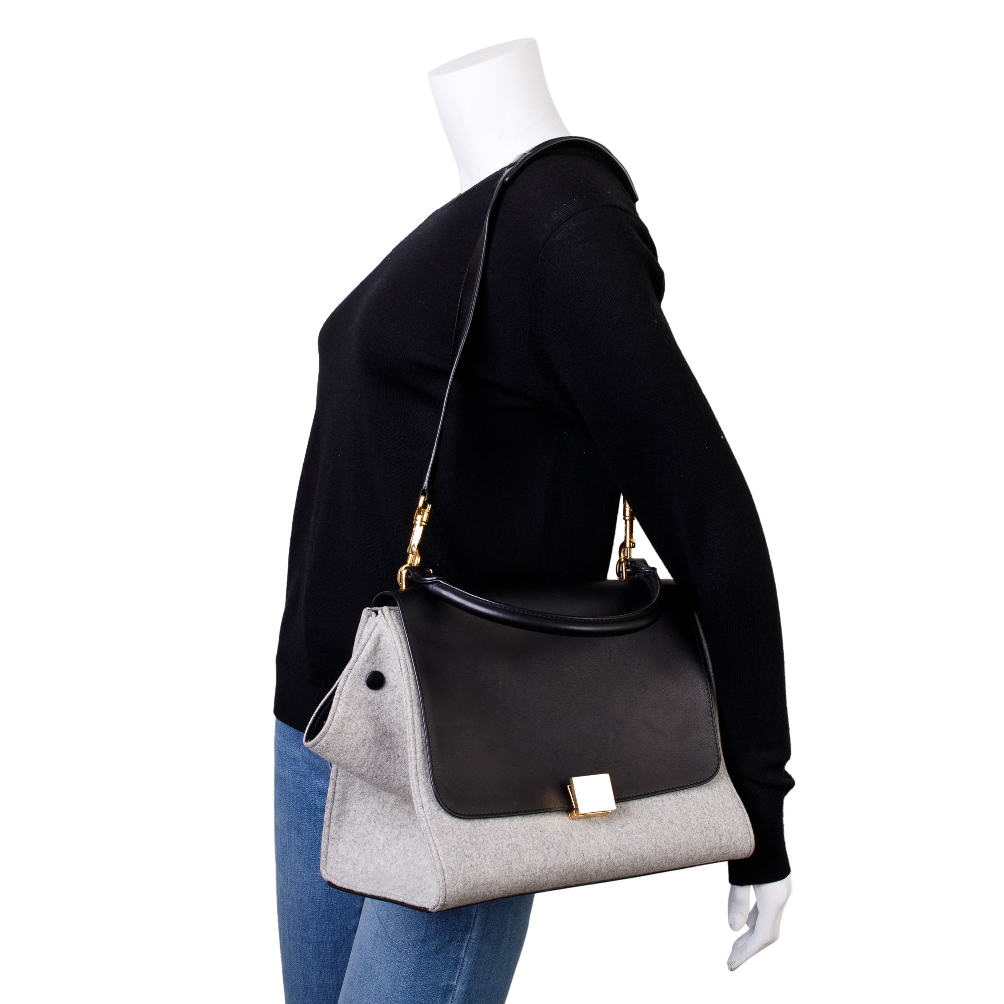 Celine Black Calfskin Leather and Grey Felt Medium Trapeze Bag
