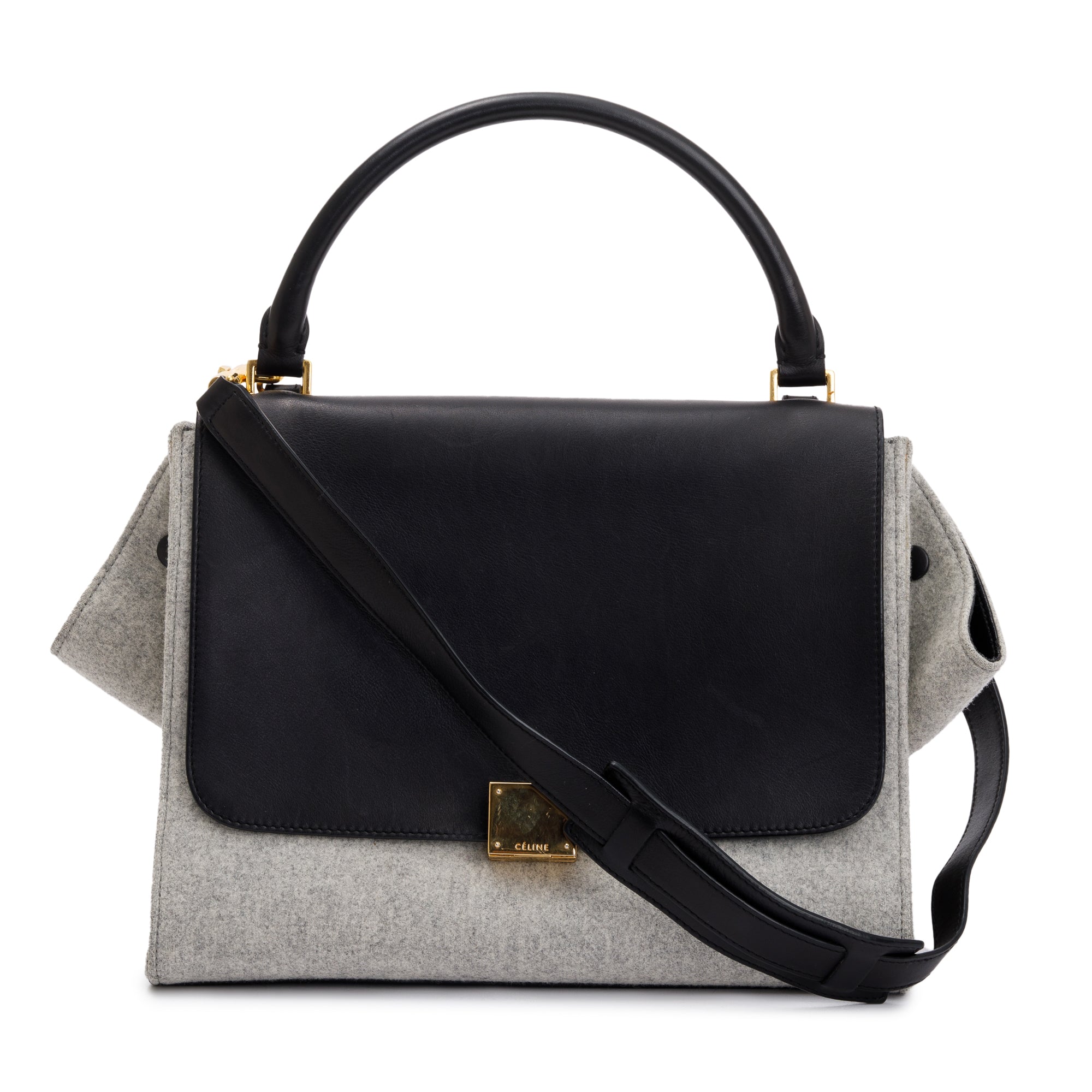 Celine Black Calfskin Leather and Grey Felt Medium Trapeze Bag