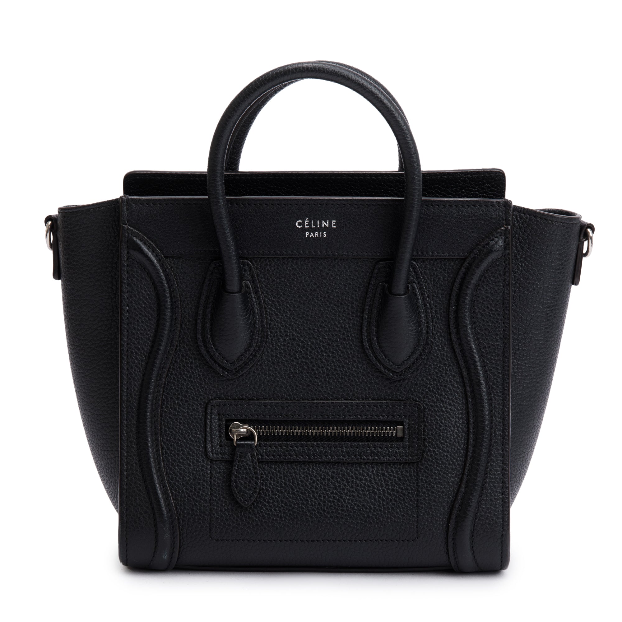 Celine Black Drummed Calfskin Leather Nano Luggage Tote w/ Strap