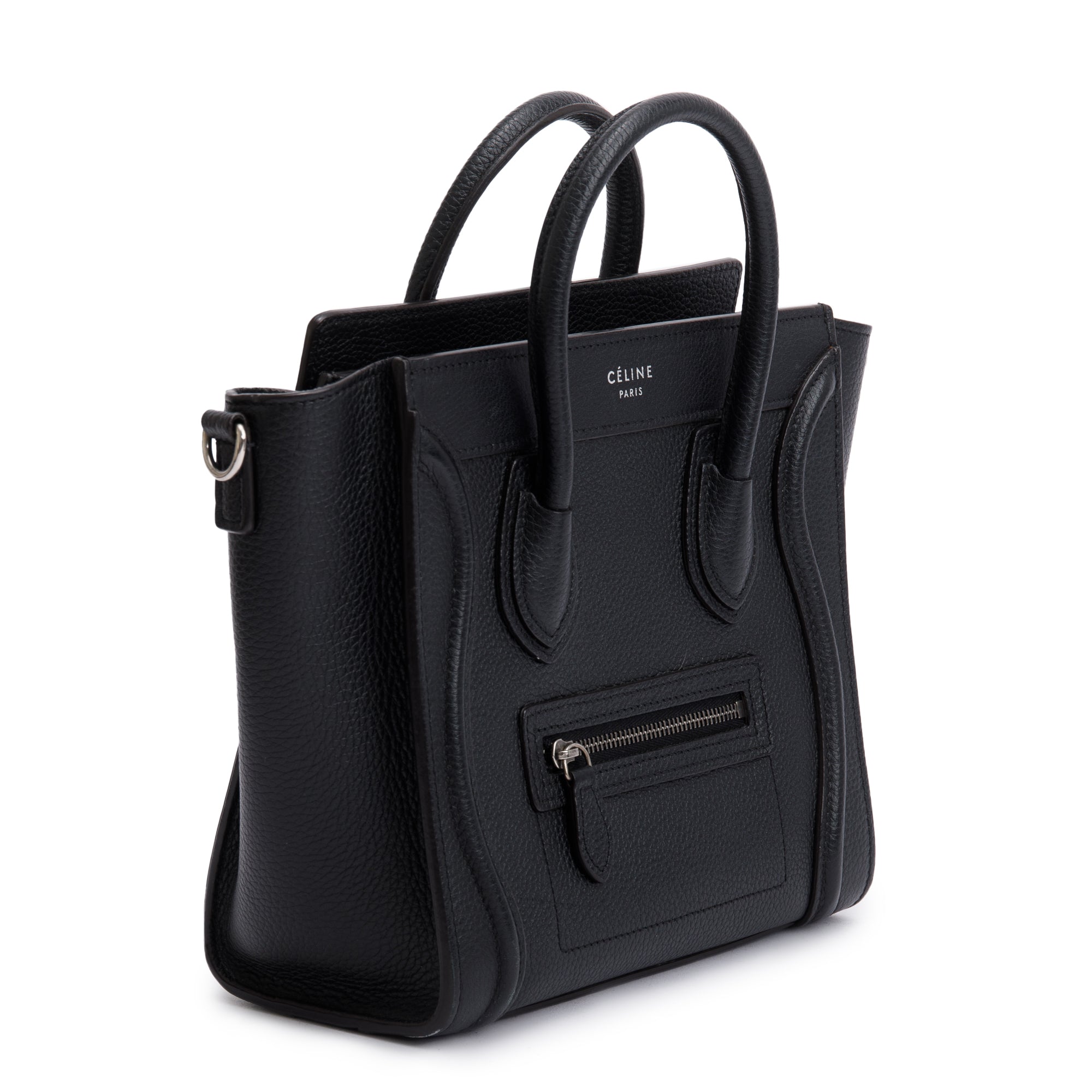 Celine Black Drummed Calfskin Leather Nano Luggage Tote w/ Strap