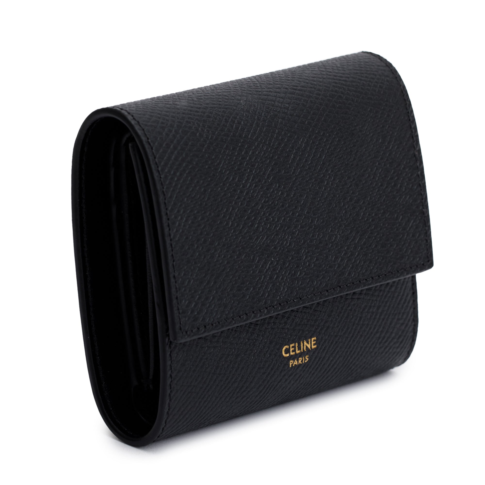 Celine Black Grained Calfskin Leather Small Flap Wallet