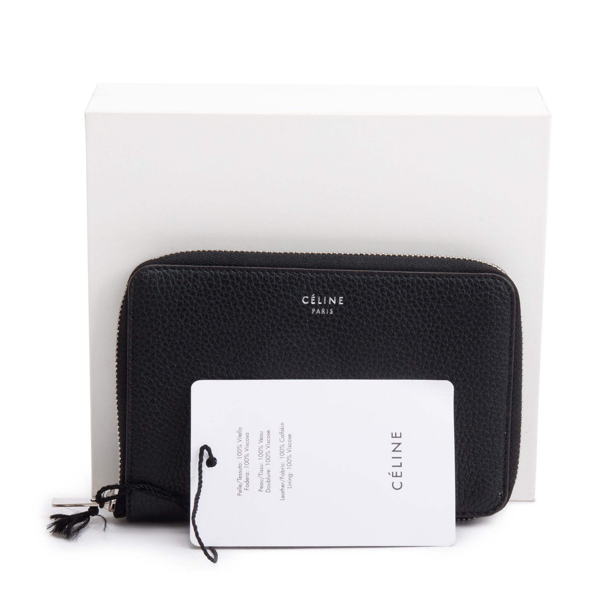 Celine Black Grained Calfskin Leather Zipped Compact Wallet w/ Box