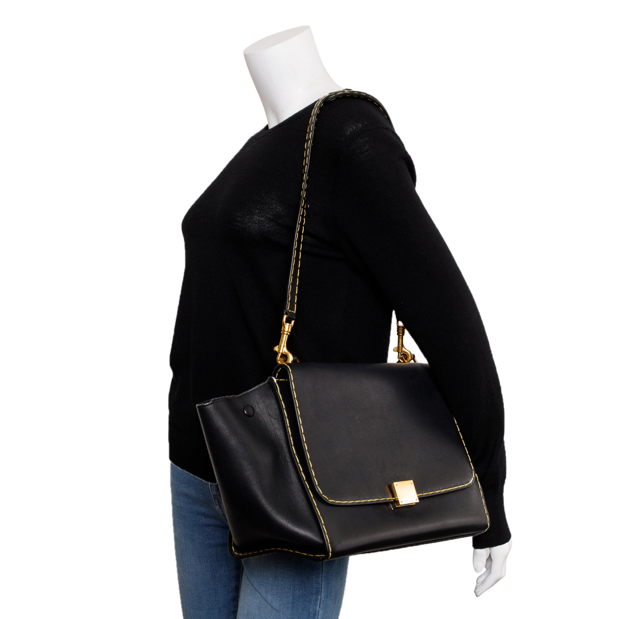 Celine Black Smooth Calfskin Leather Yellow Stitching Small Trapeze Bag w/ Strap