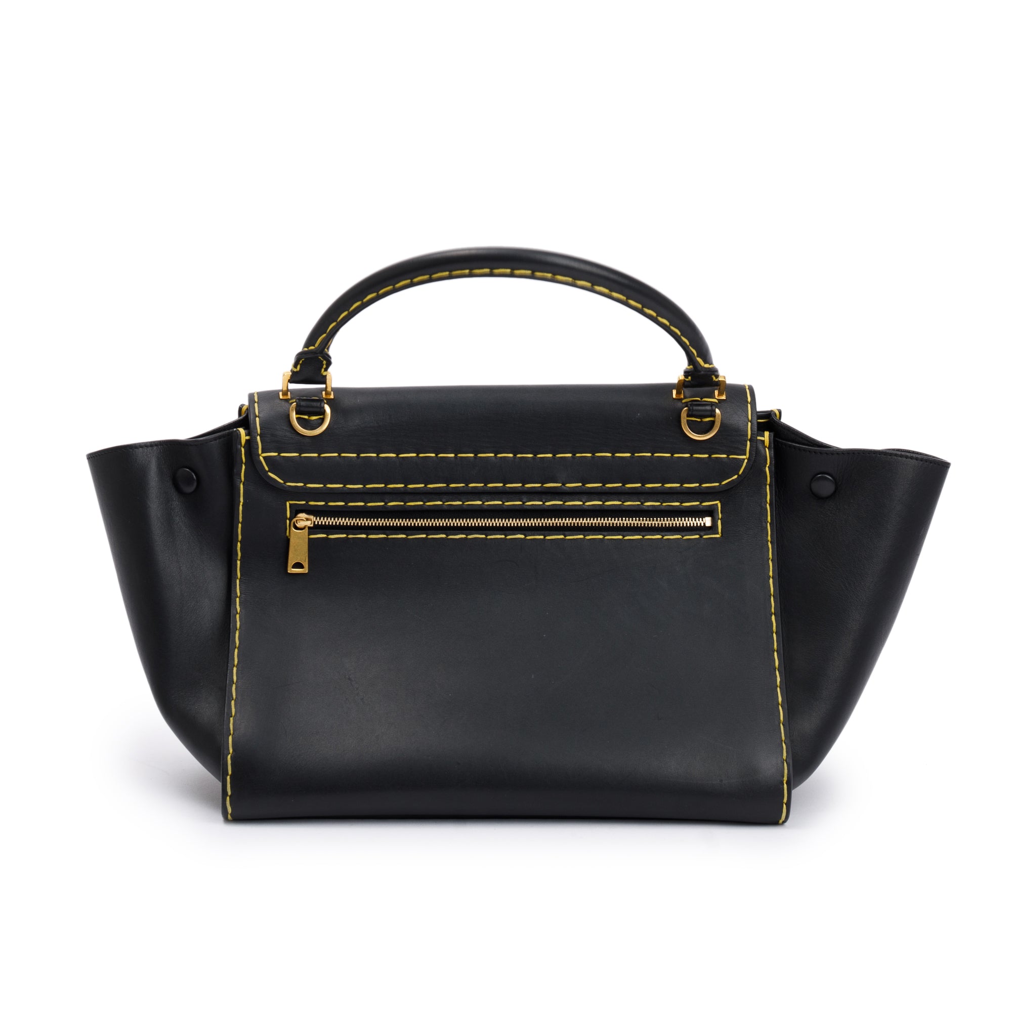 Celine Black Smooth Calfskin Leather Yellow Stitching Small Trapeze Bag w/ Strap