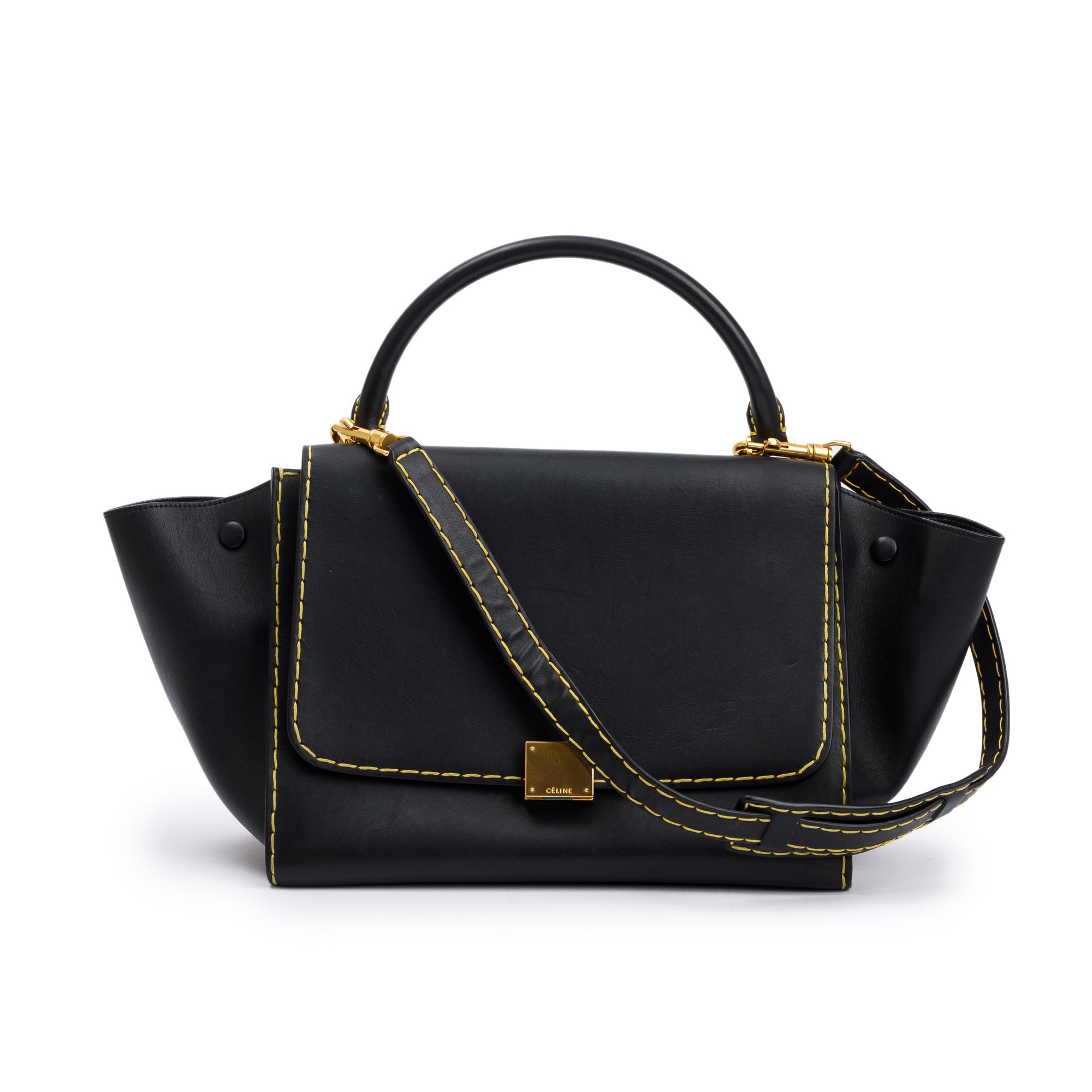 Celine Black Smooth Calfskin Leather Yellow Stitching Small Trapeze Bag w/ Strap