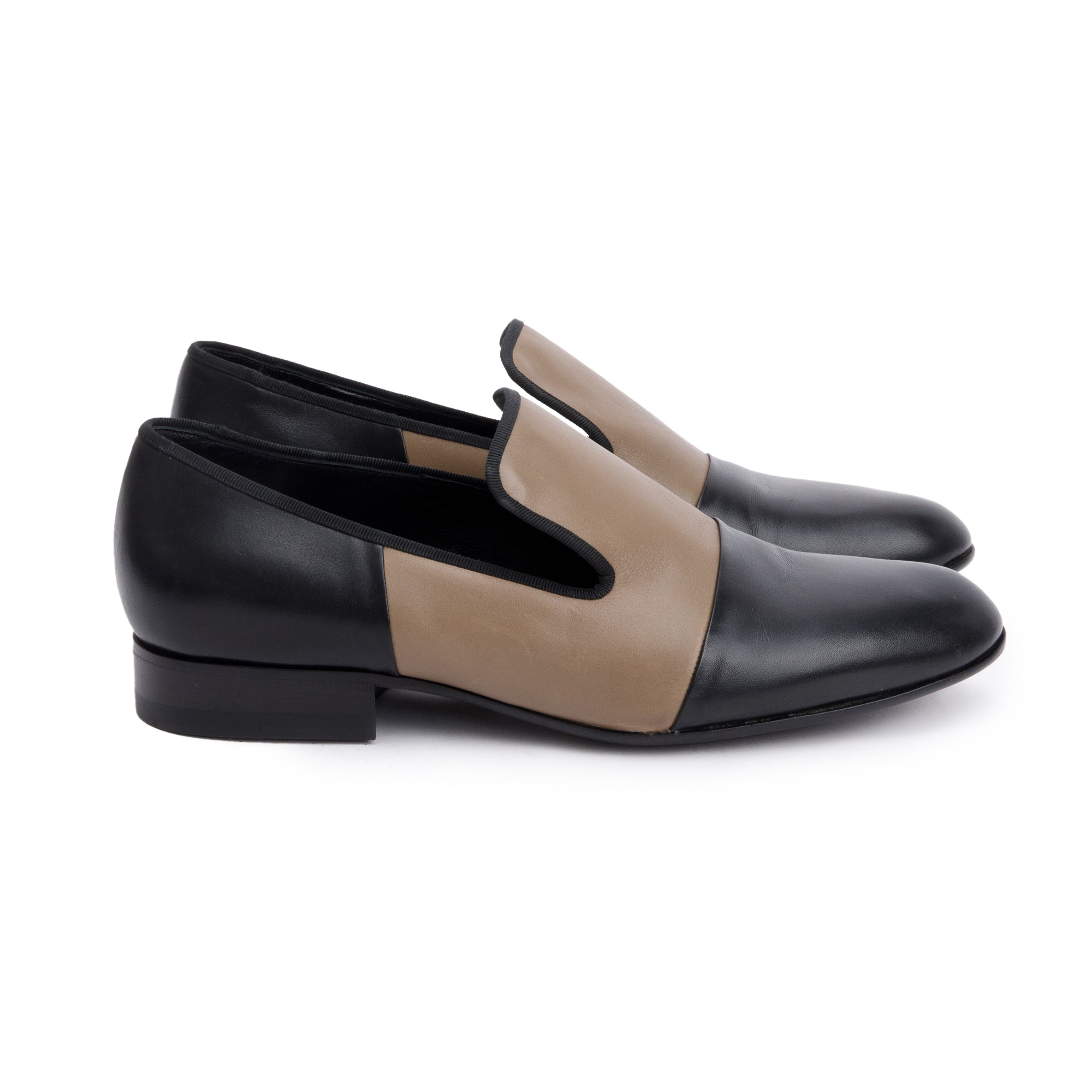 Celine Black/Taupe Calfskin Leather Luco Triomphe Loafers, Size 38.5