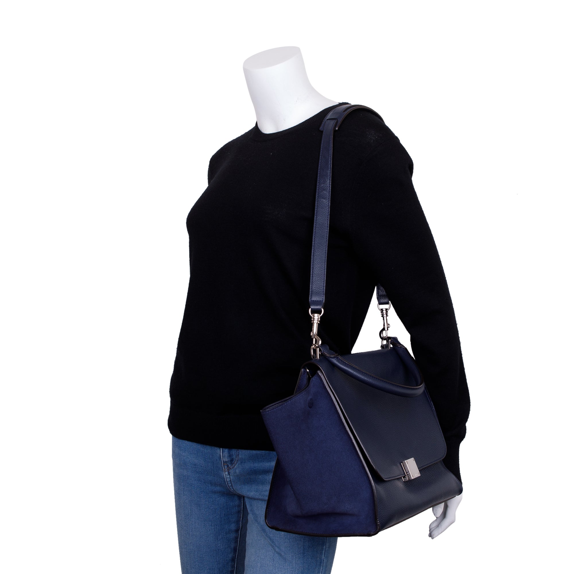 Celine Medium Navy Calfskin Suede Leather Trapeze Bag