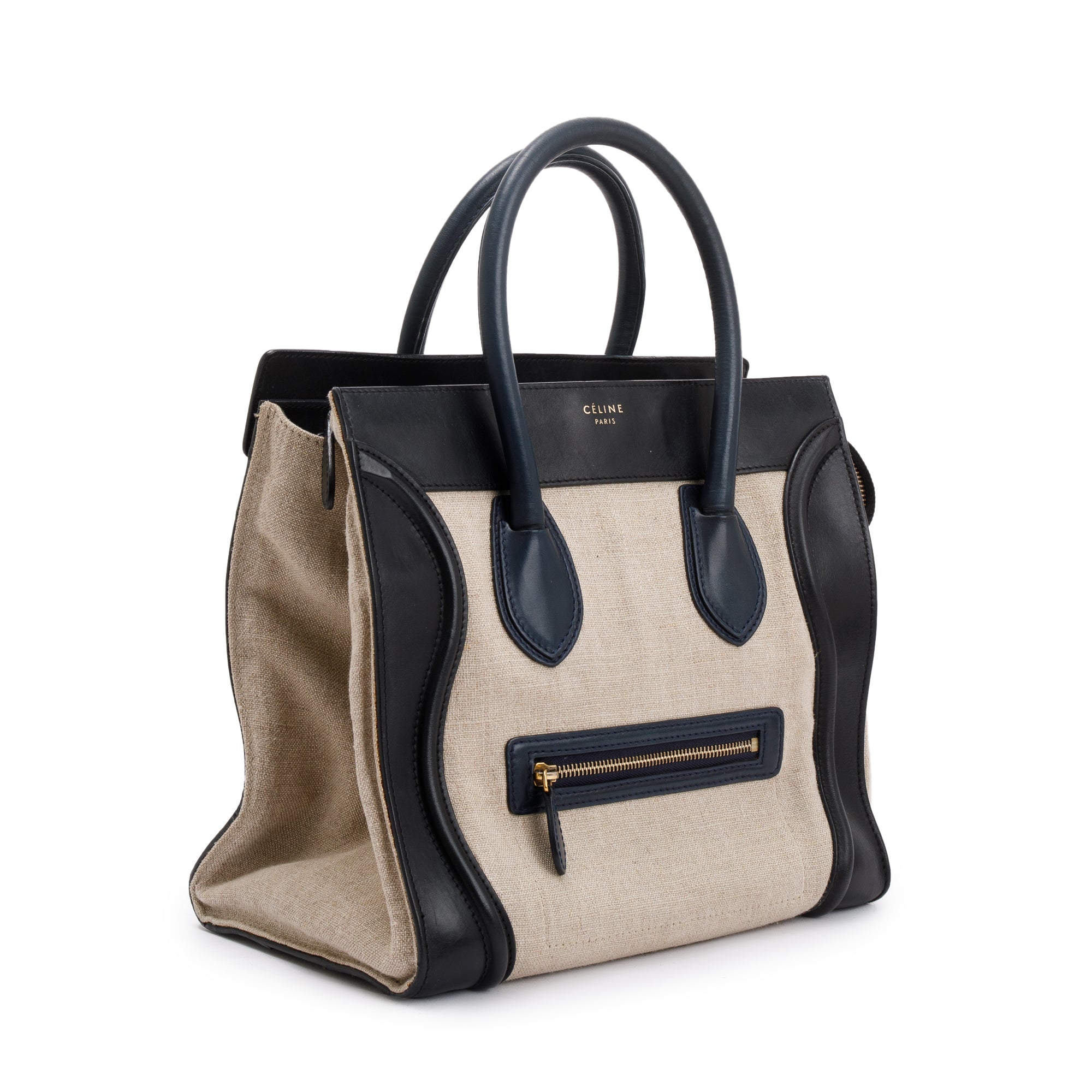 Celine Natural Canvas and Black & Navy Tricolour Calfskin Leather Mini Luggage Tote