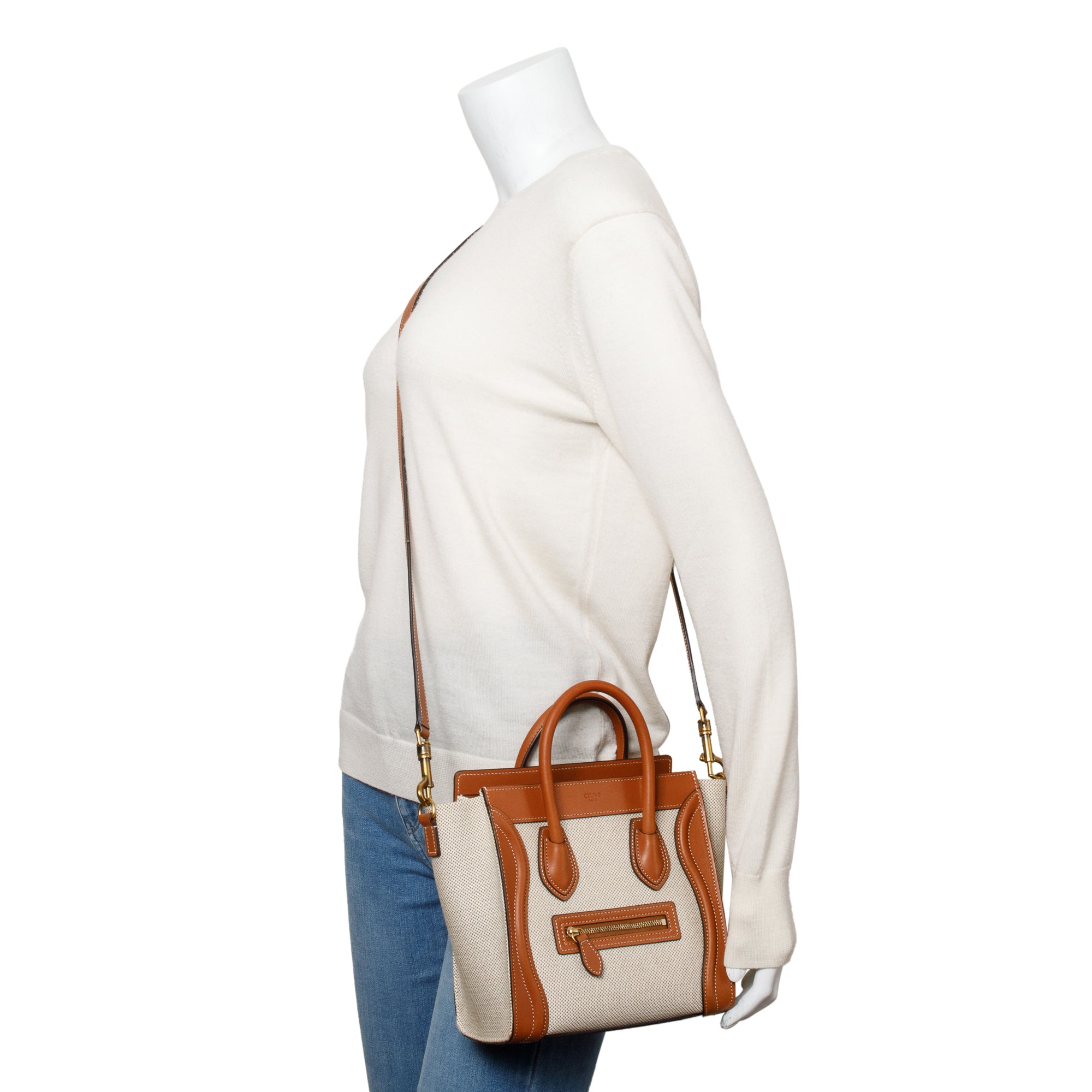 Celine Neutral Canvas Brown Calfskin Leather Nano Luggage Tote w/ Strap & Box
