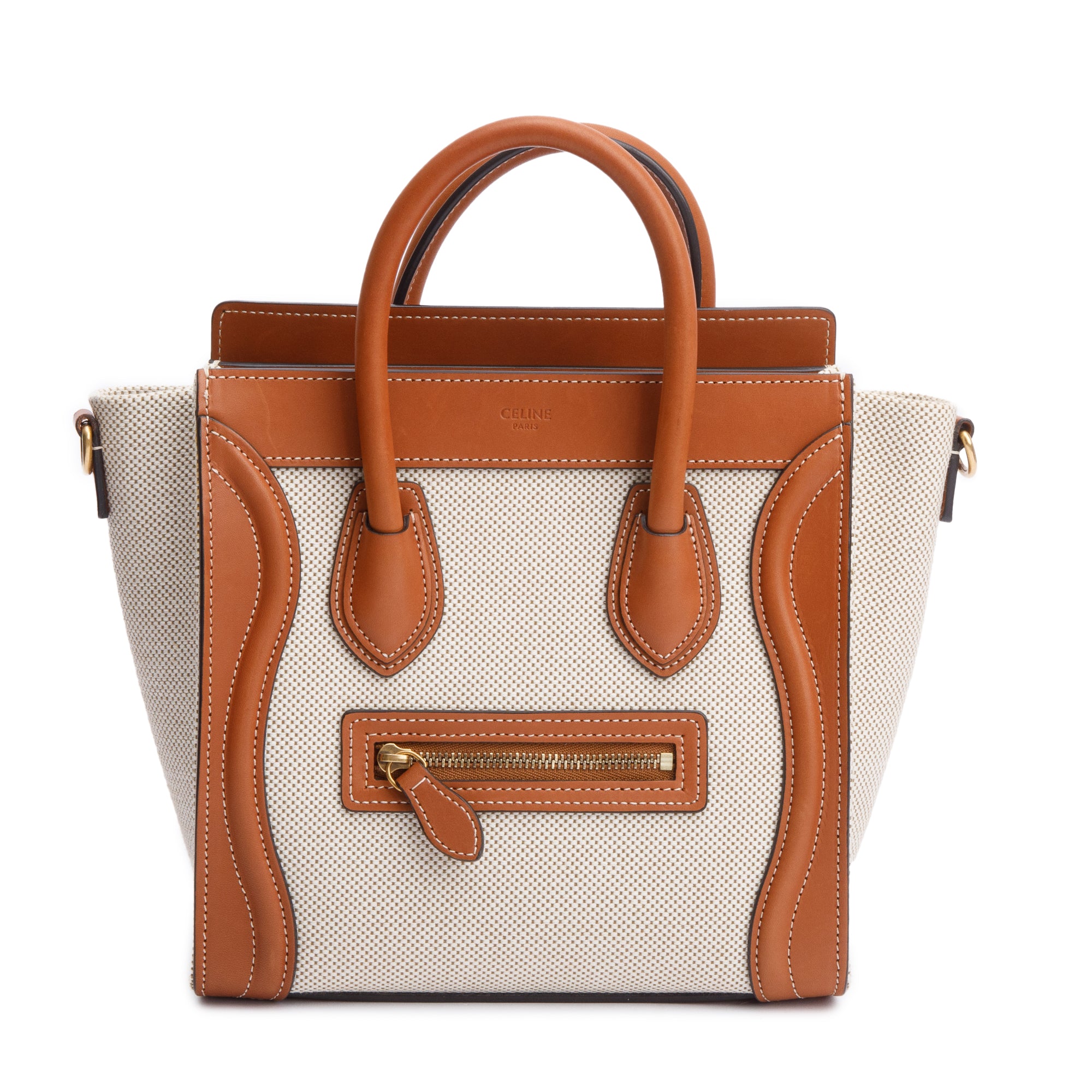 Celine Neutral Canvas Brown Calfskin Leather Nano Luggage Tote w/ Strap & Box