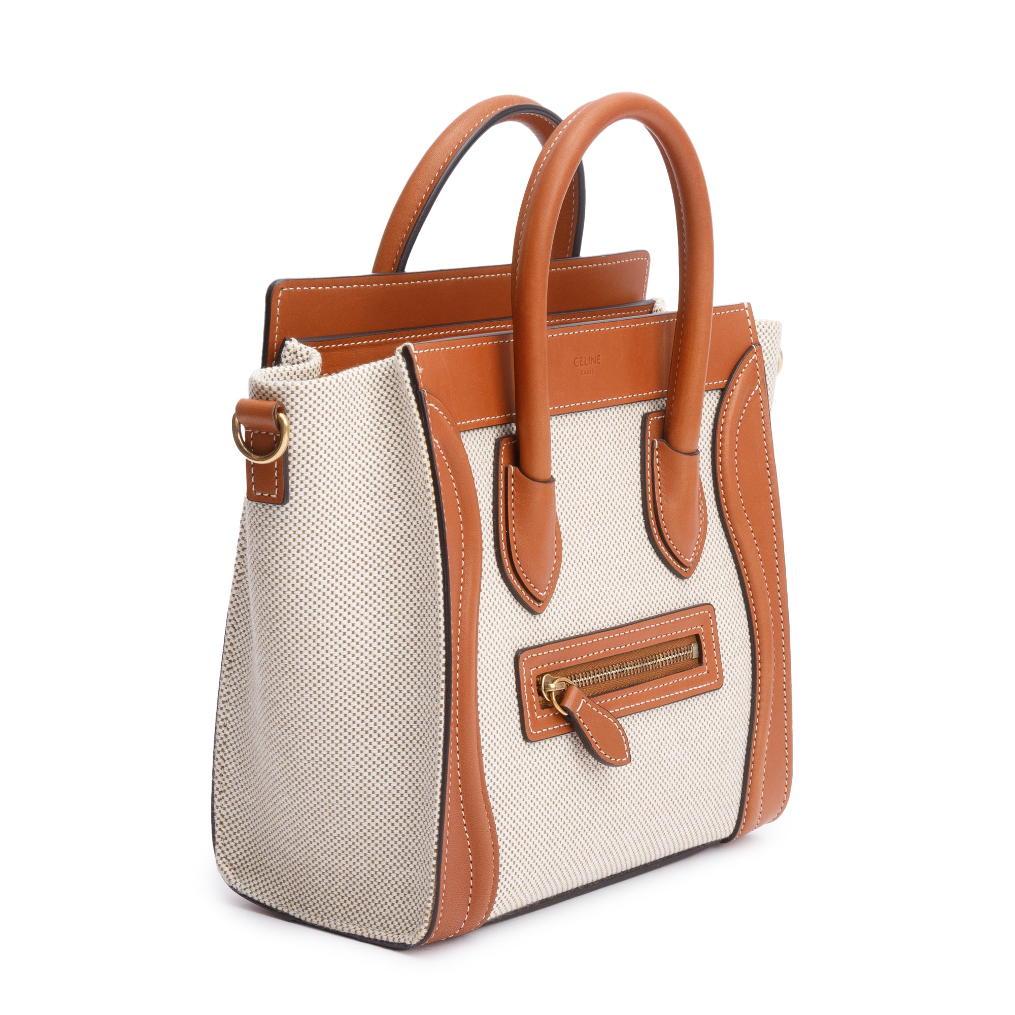 Celine Neutral Canvas Brown Calfskin Leather Nano Luggage Tote w/ Strap & Box
