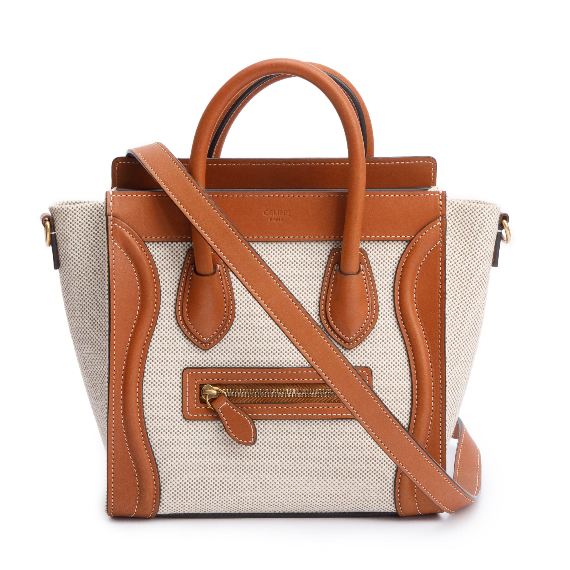 Celine Neutral Canvas Brown Calfskin Leather Nano Luggage Tote w/ Strap & Box
