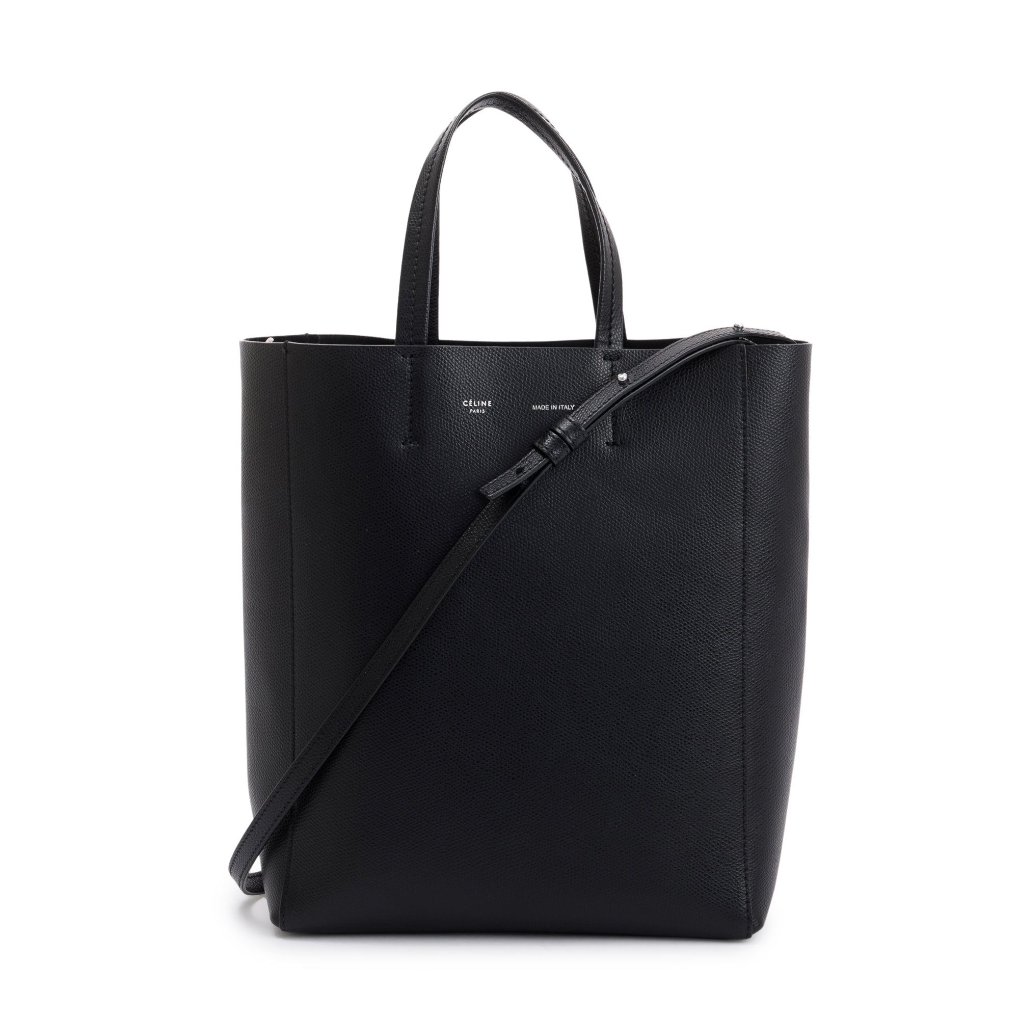 Celine Small Black Grained Calfskin Leather Vertical Cabas Tote w/ Strap