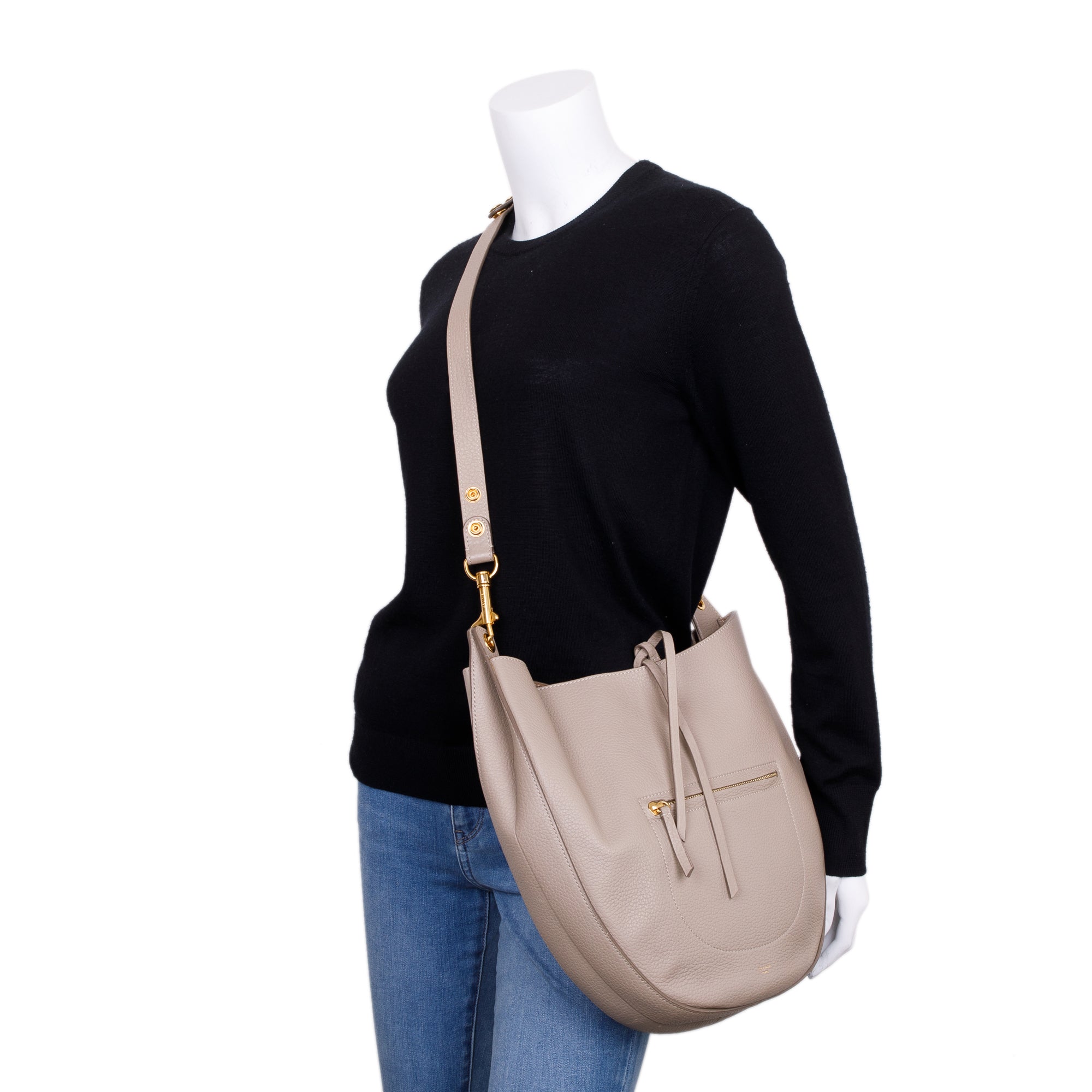 Celine Taupe Leather Medium Zip Hobo Bag