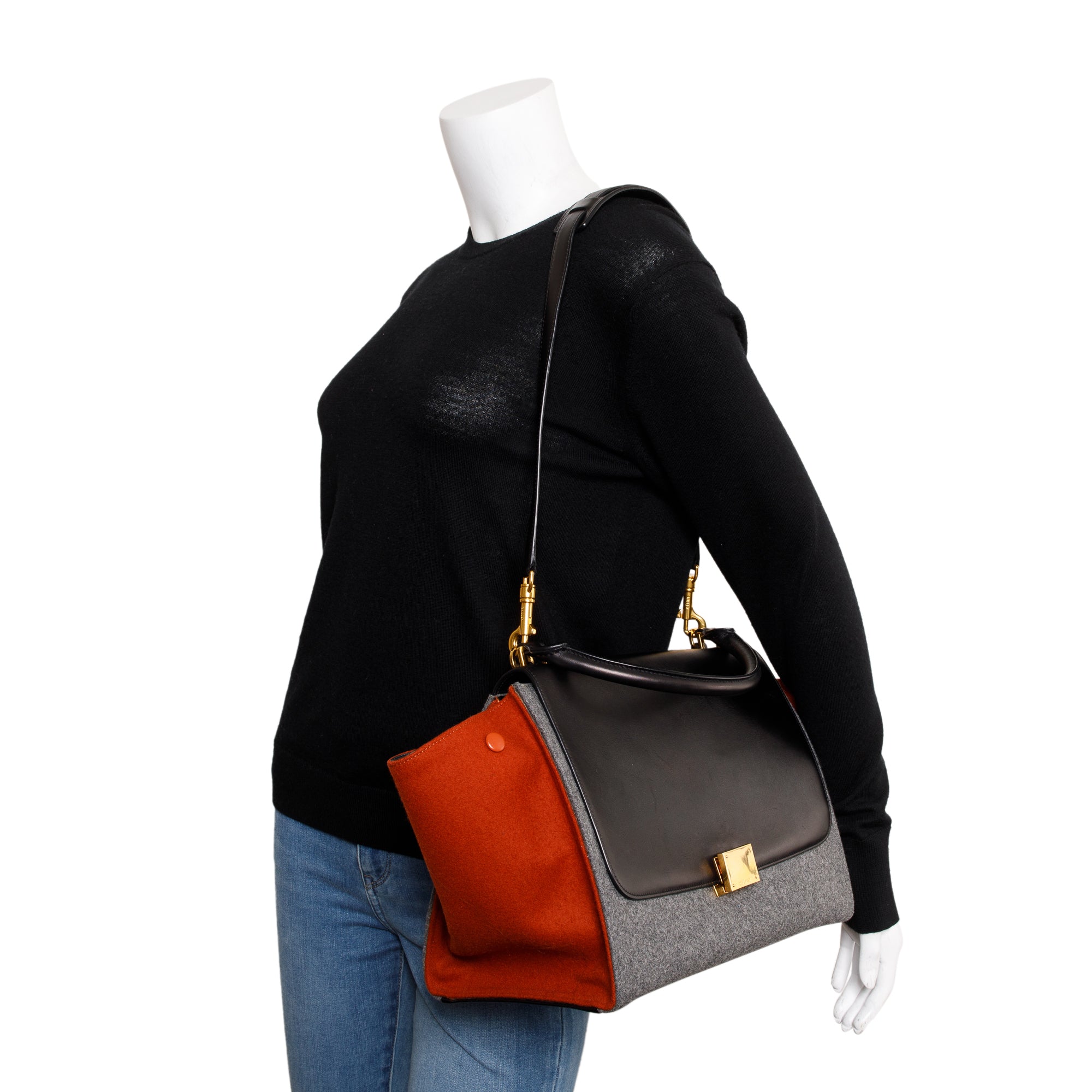 Celine Tricolor Calfskin Leather and Felt Medium Trapeze Bag w/ Strap