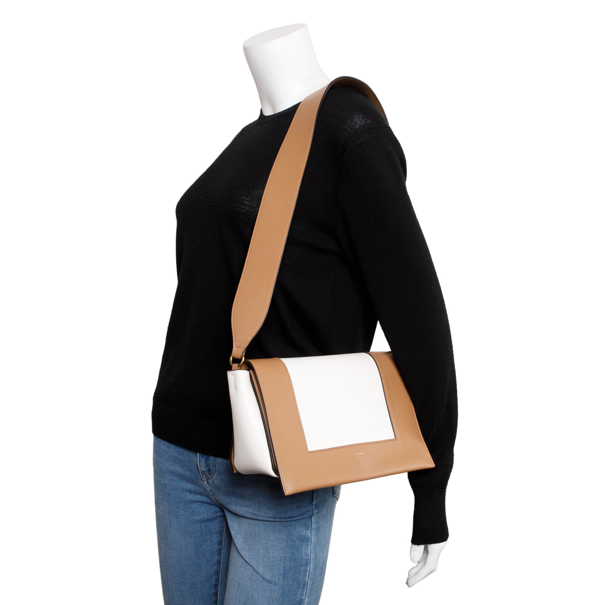 Celine White/Tan Smooth Calfskin Leather Medium Frame Shoulder Bag