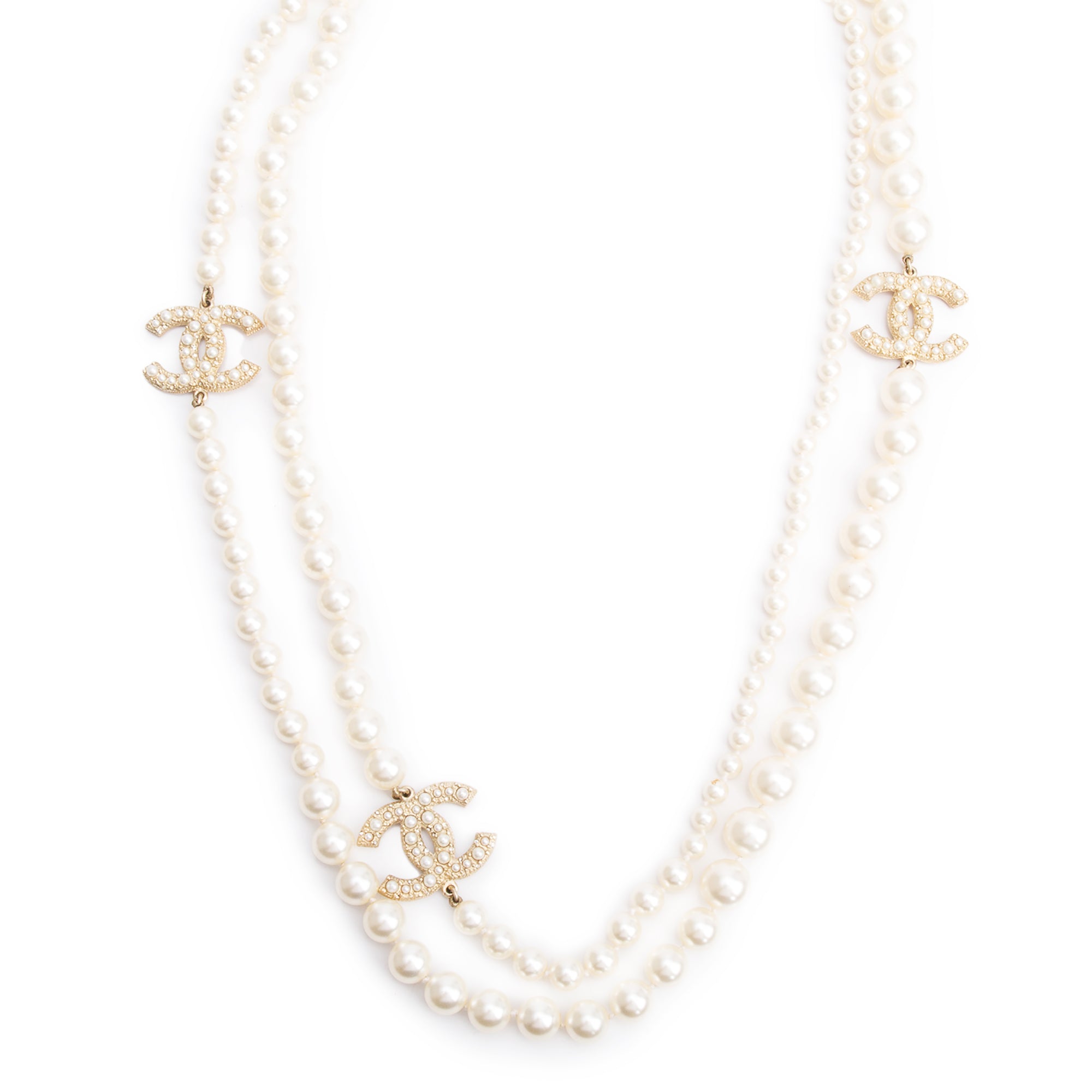 Chanel 100th Anniversary Gold-Plated Graduated Faux Pearl CC Station Long Necklace w/ Box
