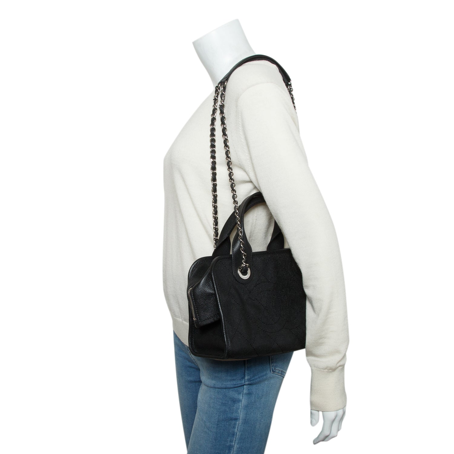 Chanel Black Caviar Quilted Deauville Bowling Bag