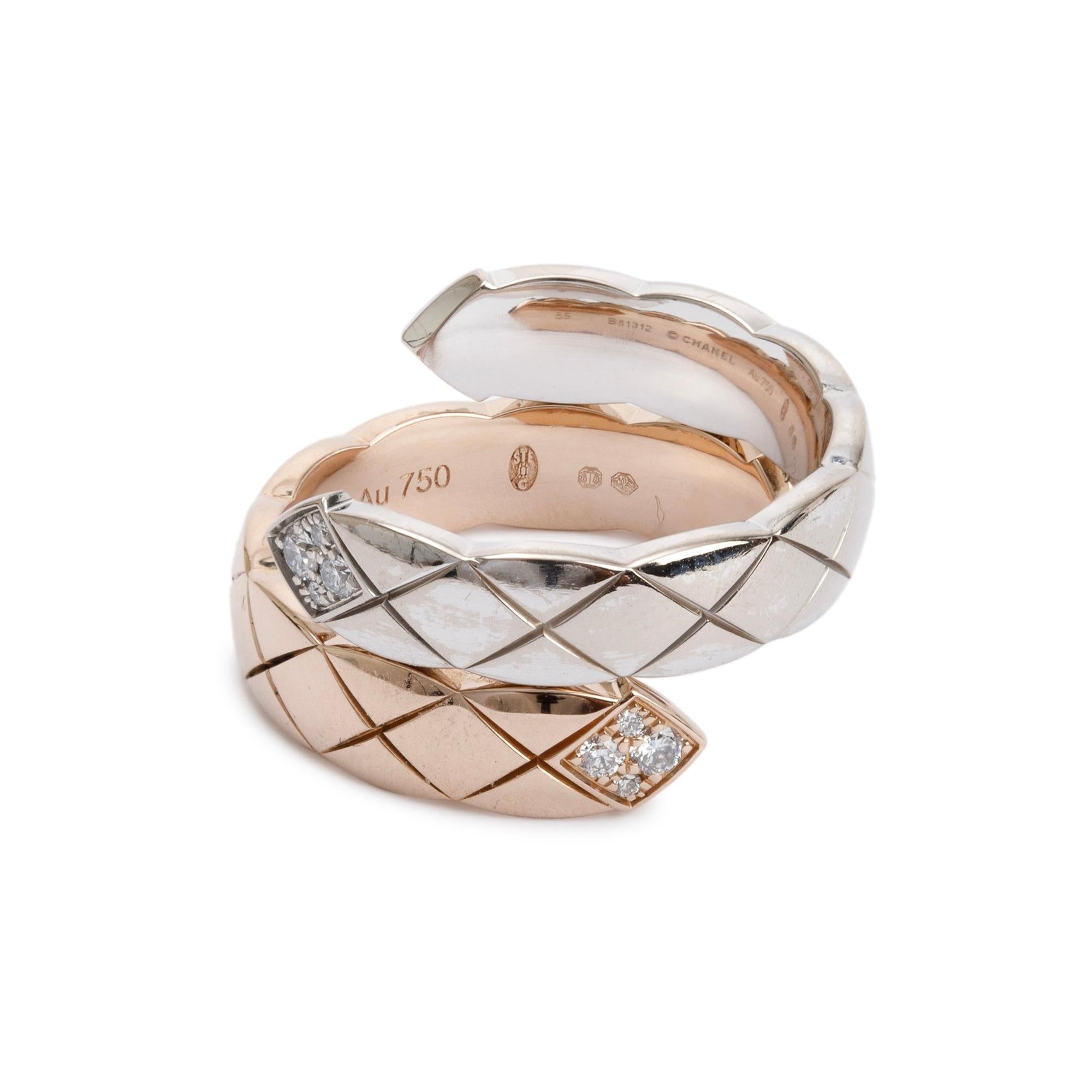 Chanel 18k White & Beige Gold Diamond Coco Crush Toi Et Moii Ring, Size 55 7.25 w/ Box