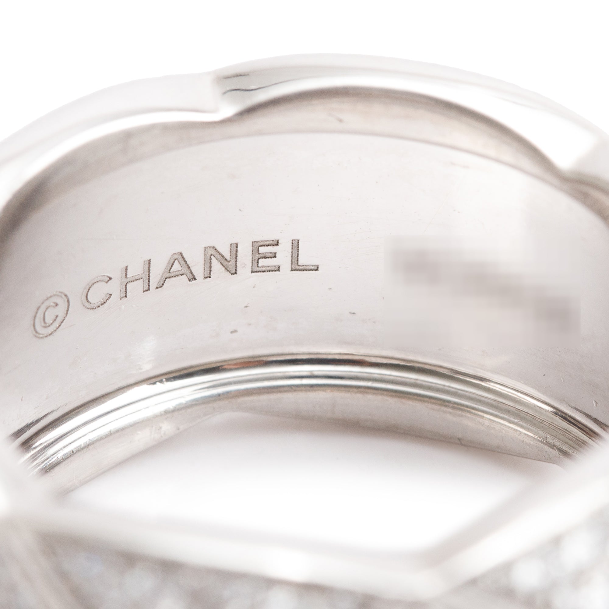 Chanel 18k White Gold Pave Diamond Quilted Coco Crush Band Ring, Size 53 6.5, Large Version