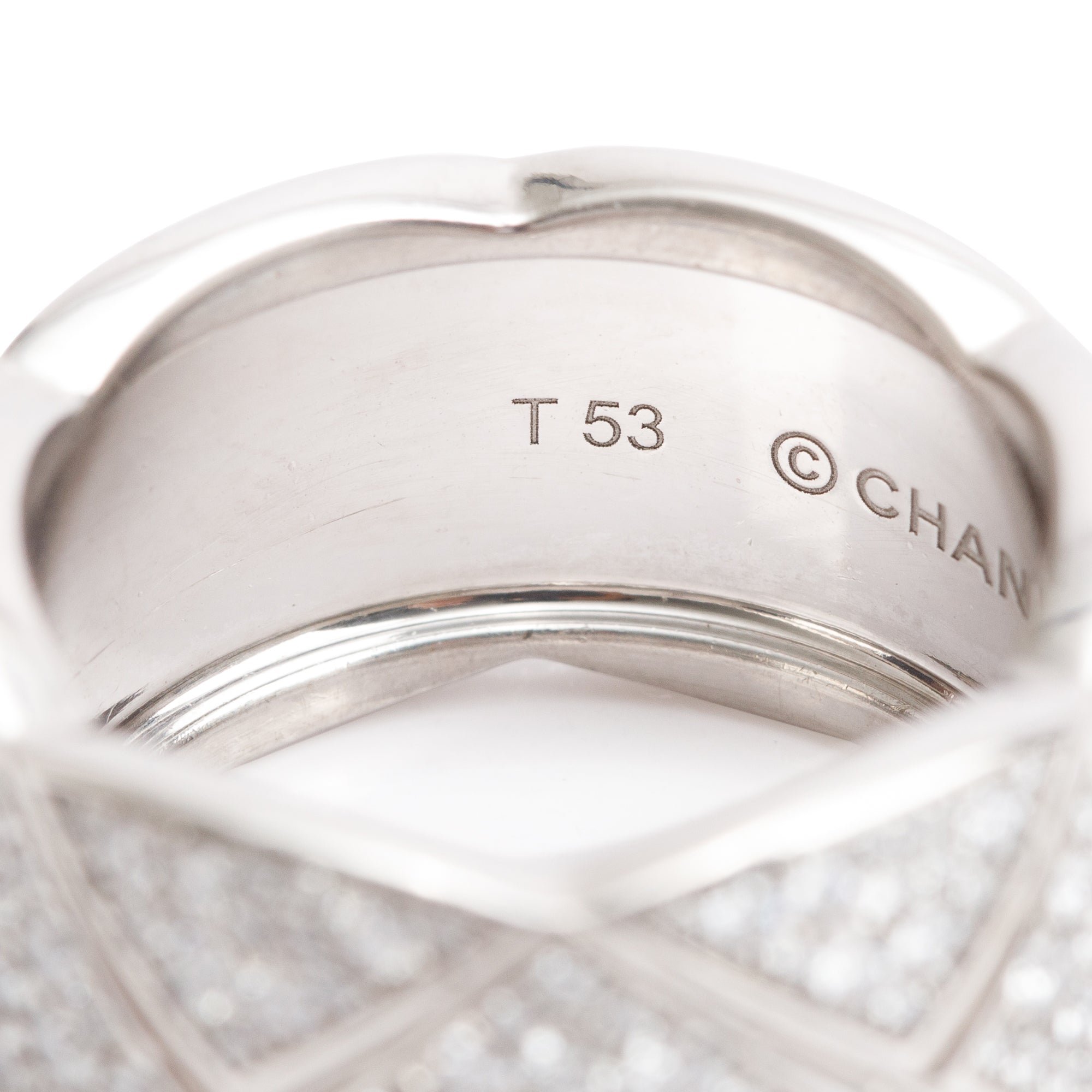 Chanel 18k White Gold Pave Diamond Quilted Coco Crush Band Ring, Size 53 6.5, Large Version