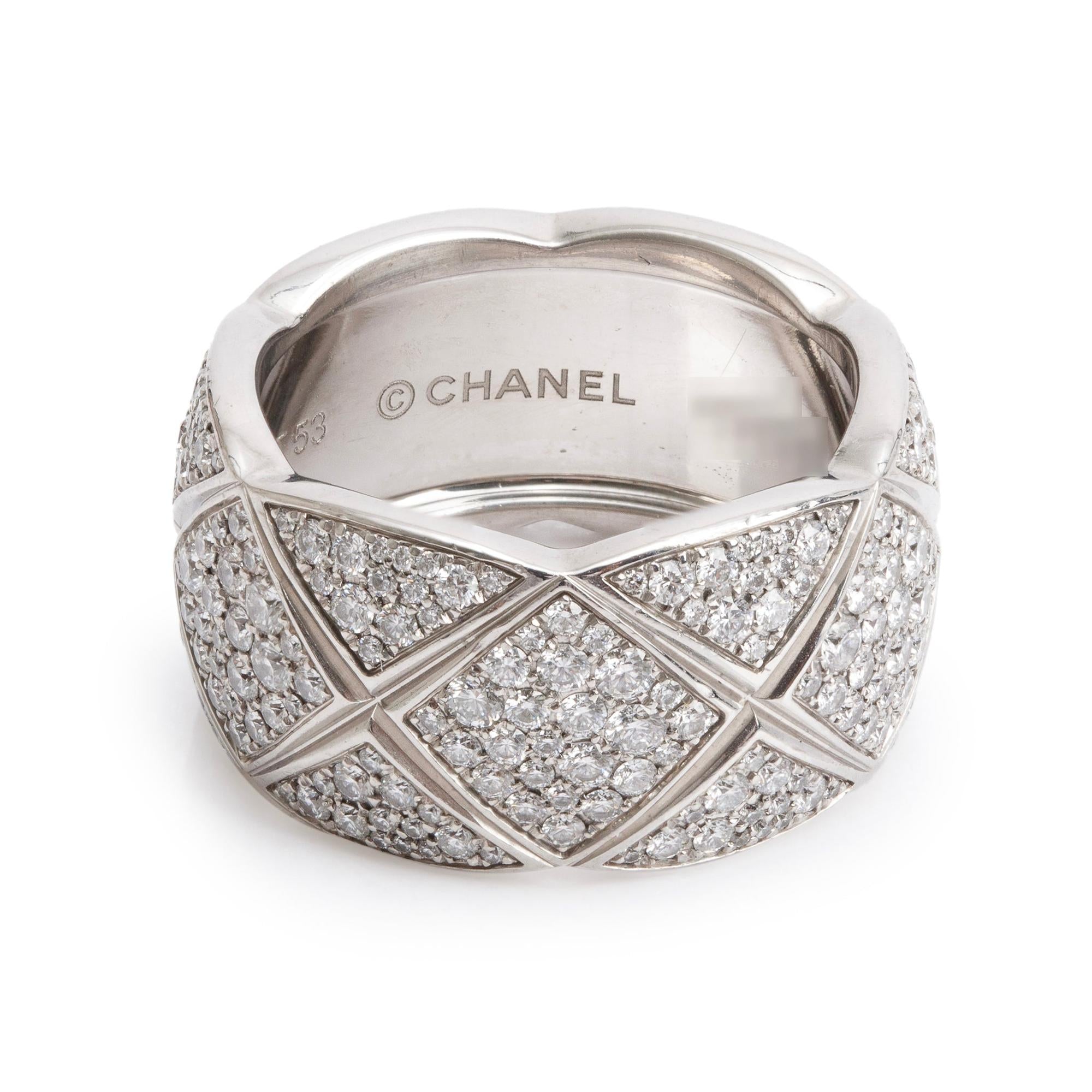 Chanel 18k White Gold Pave Diamond Quilted Coco Crush Band Ring, Size 53 6.5, Large Version