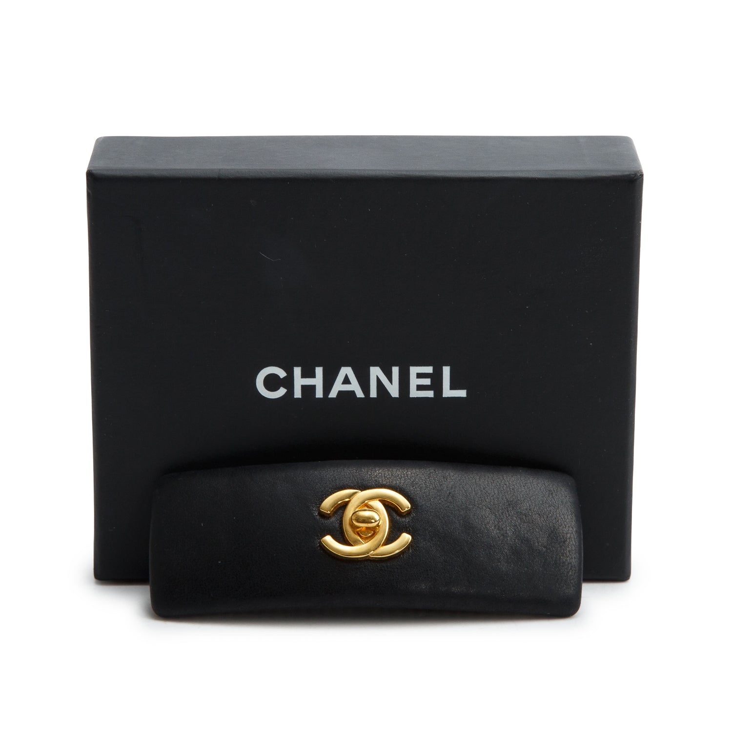 Chanel Black Leather Gold Plated CC Logo Hair Clip Barrette w/ Box