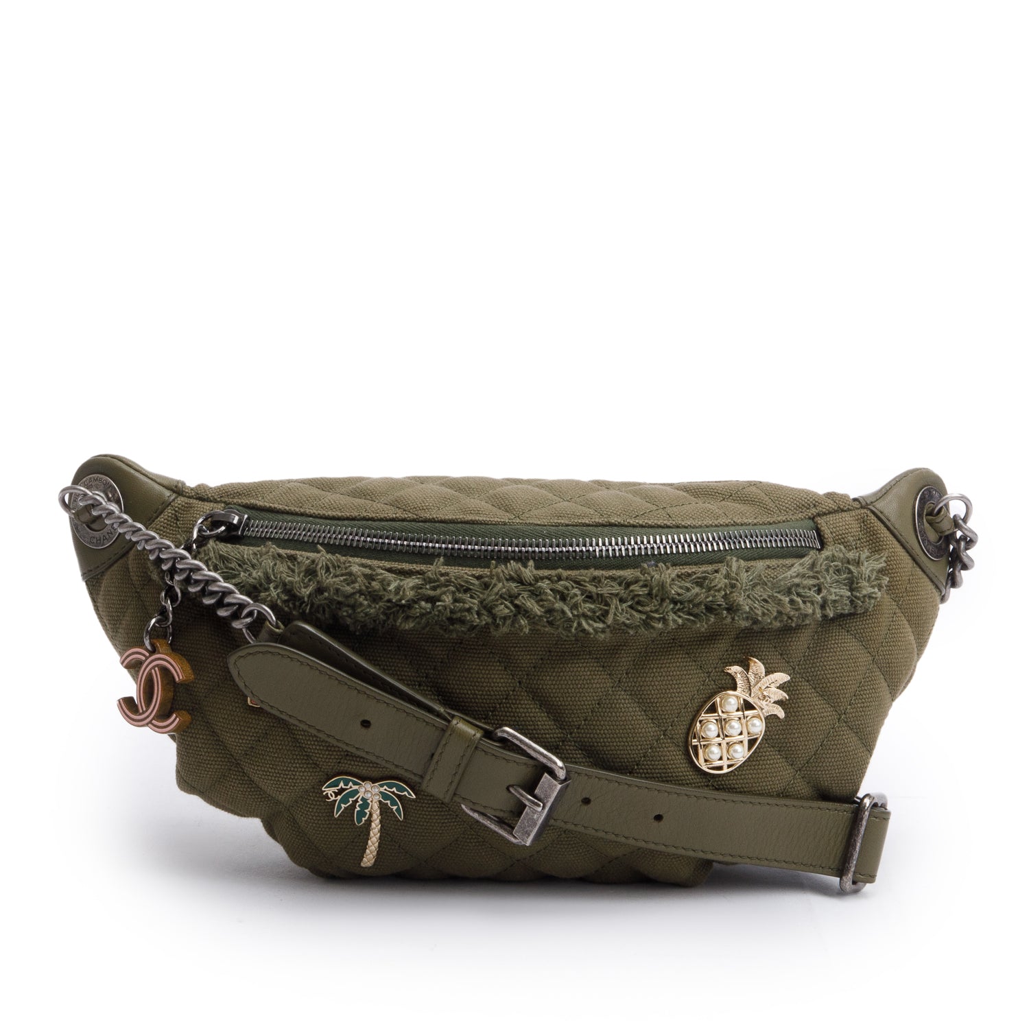 Chanel Khaki Canvas & Lambskin Leather Quilted Cocco Cuba Charms Waist Bag