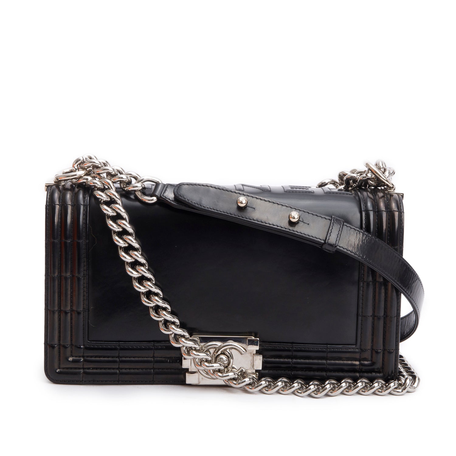 Chanel Black Patent Leather Original Clasp Medium Boy Flap Bag w/ Authenticity Card