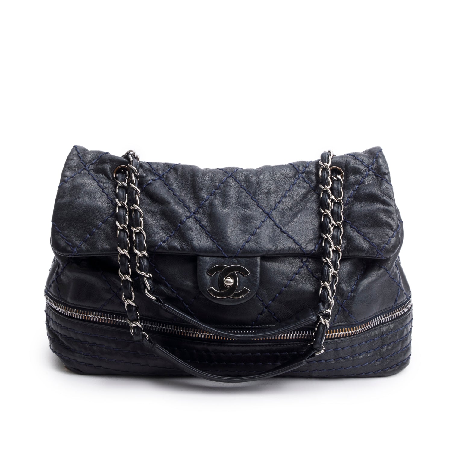 Chanel Navy Quilted Stitched Calfskin Leather Expandable Ligne Flap Bag