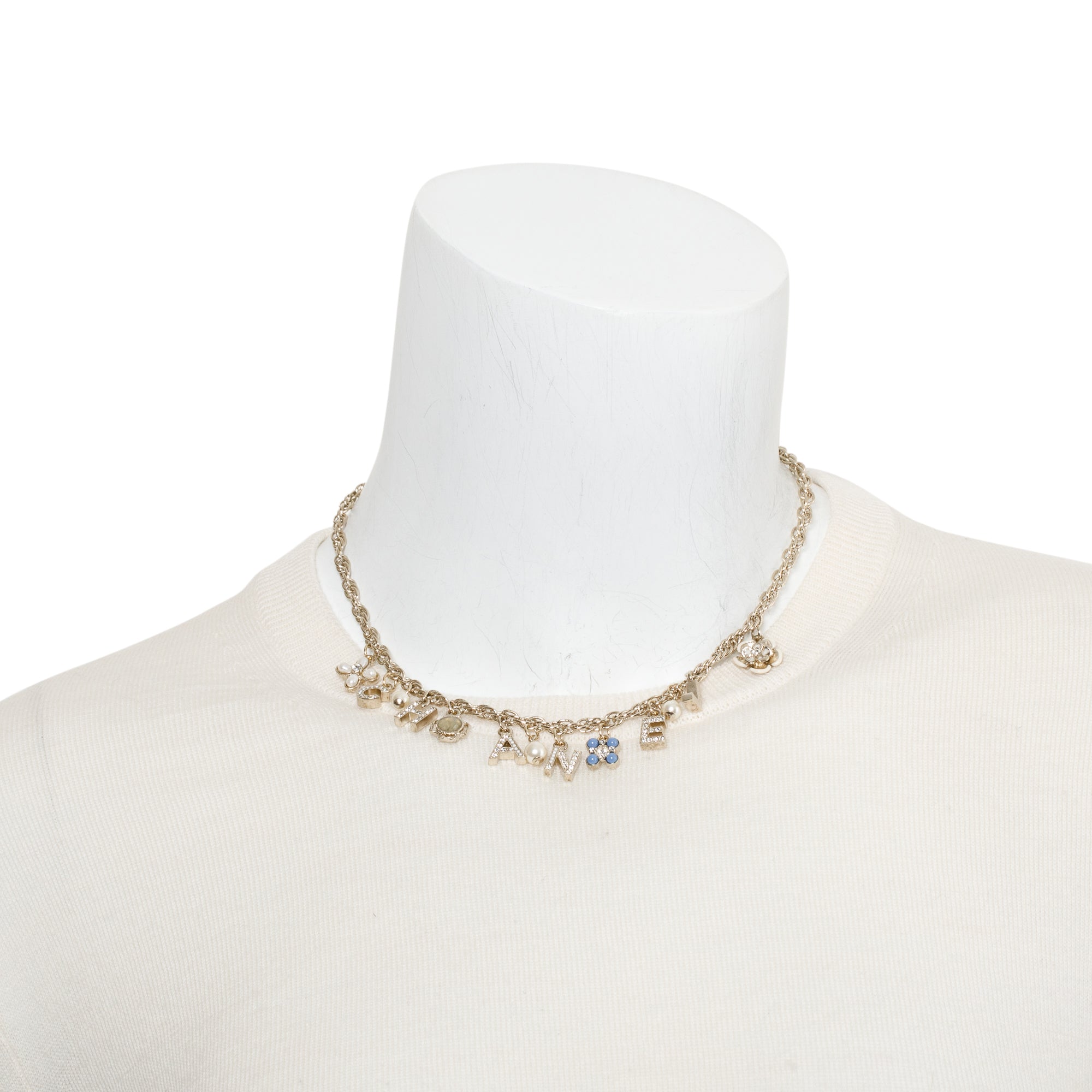 Chanel 2019 Gold-Plated Faux Pearl, Enamel & Strass 'CHANEL' Charm Necklace