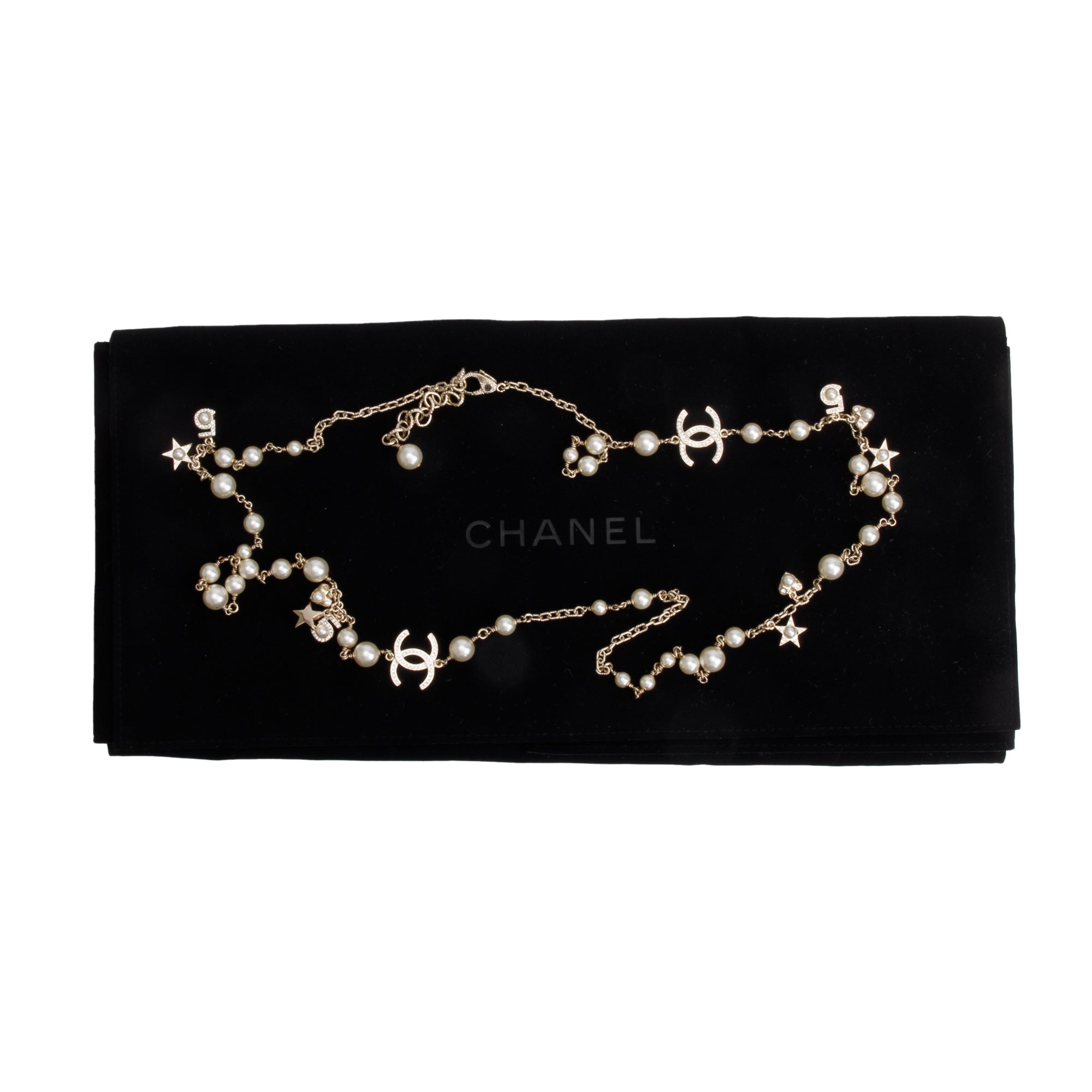 Chanel 2019 Gold-Plated Faux Pearl & Strass Star, Heart, No.5 Charm CC Long Necklace w/ Pouch