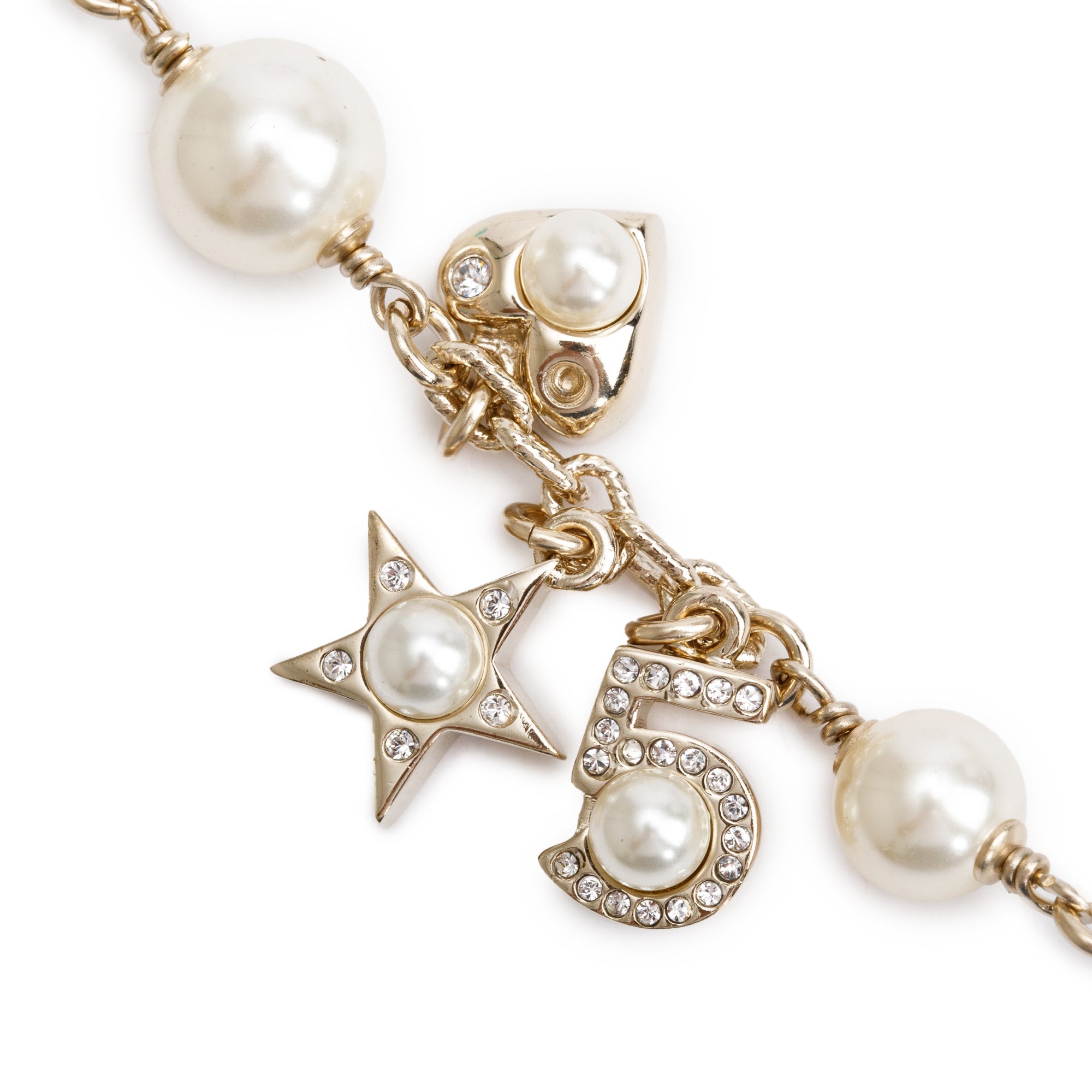 Chanel 2019 Gold-Plated Faux Pearl & Strass Star, Heart, No.5 Charm CC Long Necklace w/ Pouch