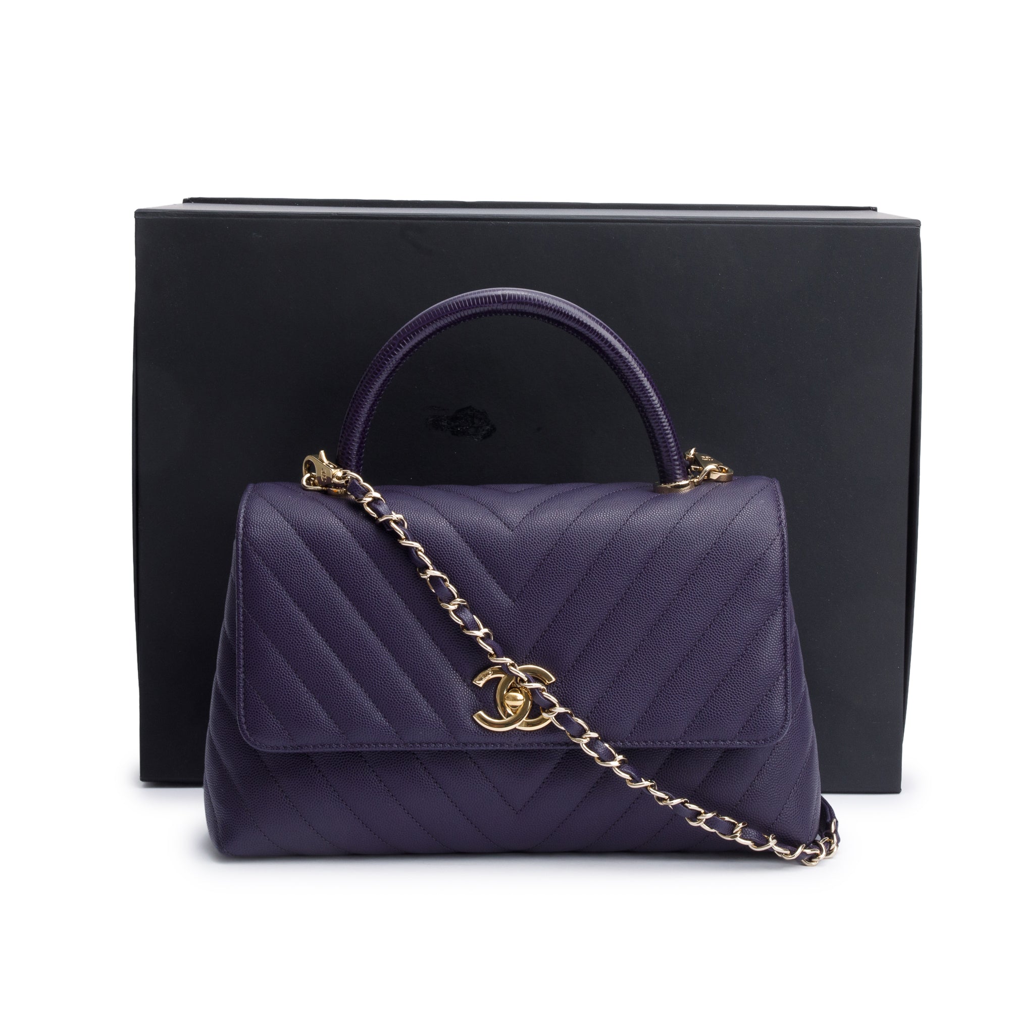Chanel 202 Purple Chevron Quilted Caviar Leather Coco Top Handle Flap Bag w/ Strap, Box & Authenticity Card