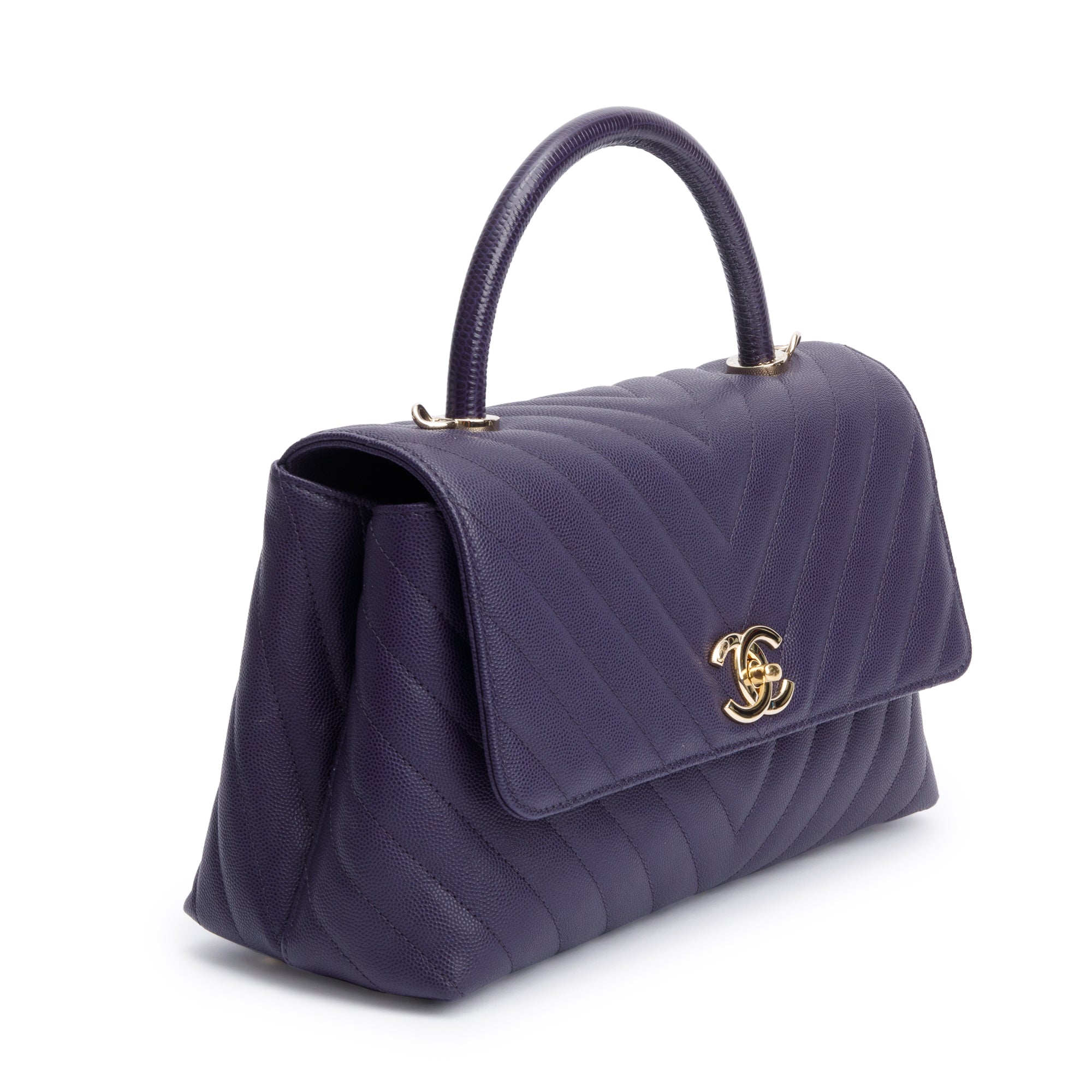 Chanel 202 Purple Chevron Quilted Caviar Leather Coco Top Handle Flap Bag w/ Strap, Box & Authenticity Card