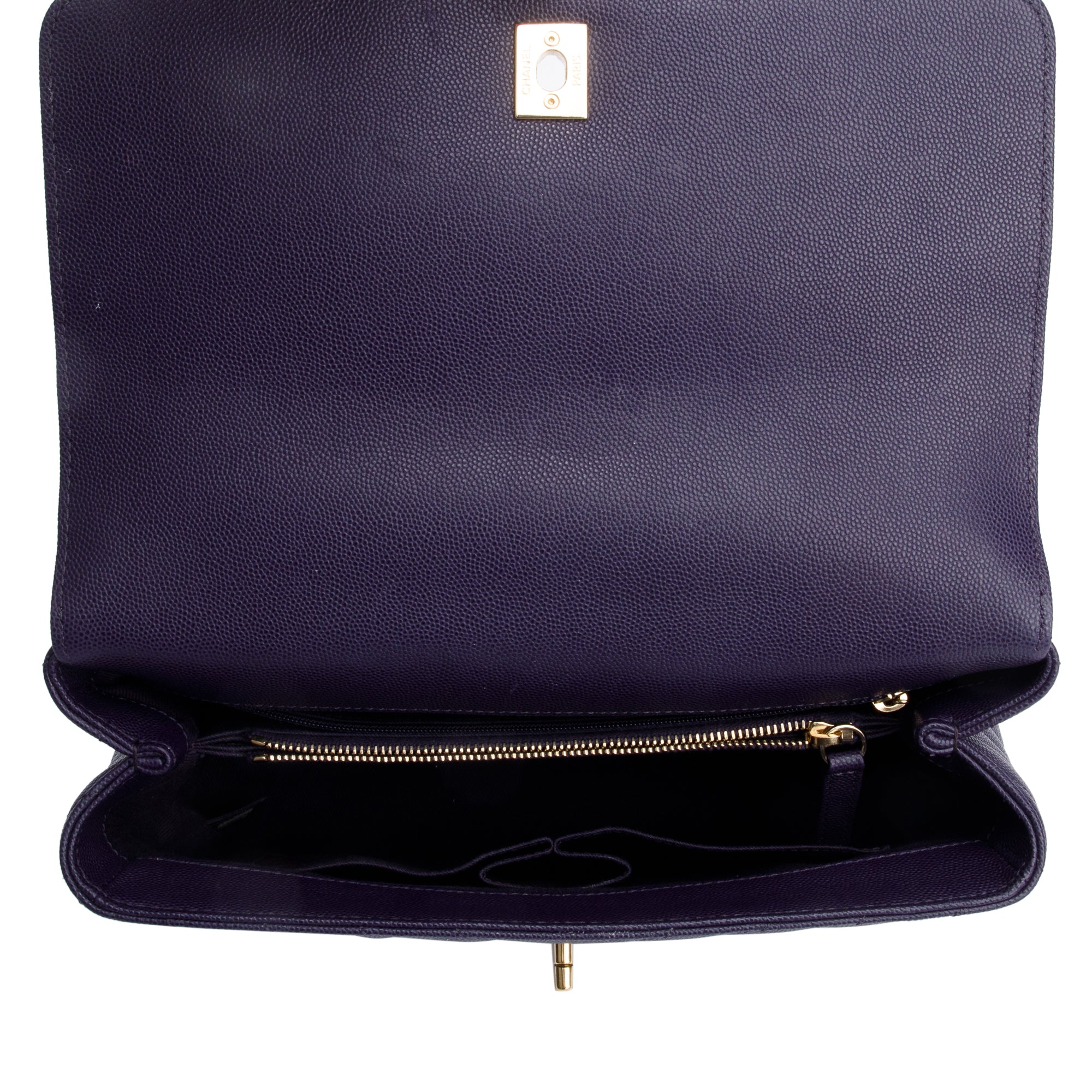 Chanel 202 Purple Chevron Quilted Caviar Leather Coco Top Handle Flap Bag w/ Strap, Box & Authenticity Card