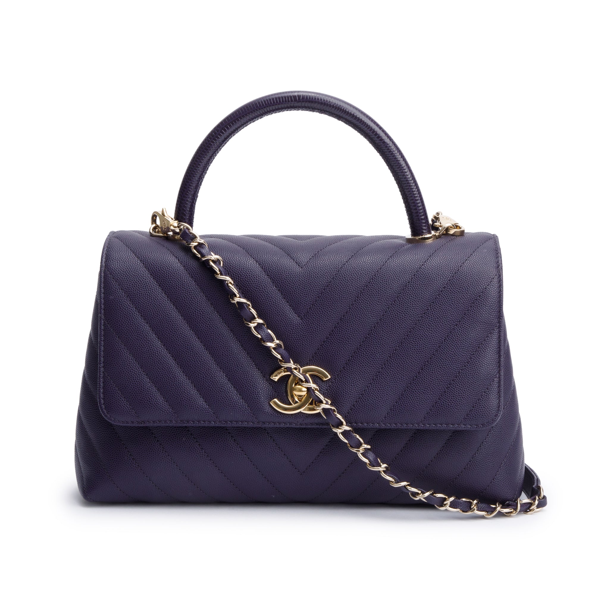 Chanel 202 Purple Chevron Quilted Caviar Leather Coco Top Handle Flap Bag w/ Strap, Box & Authenticity Card