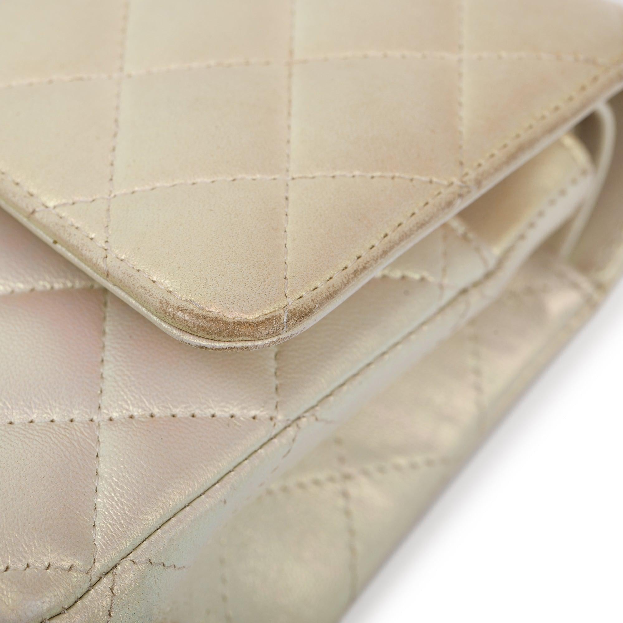 Chanel 2020 Beige Iridescent Calfskin Leather Classic Medium Double Flap Bag