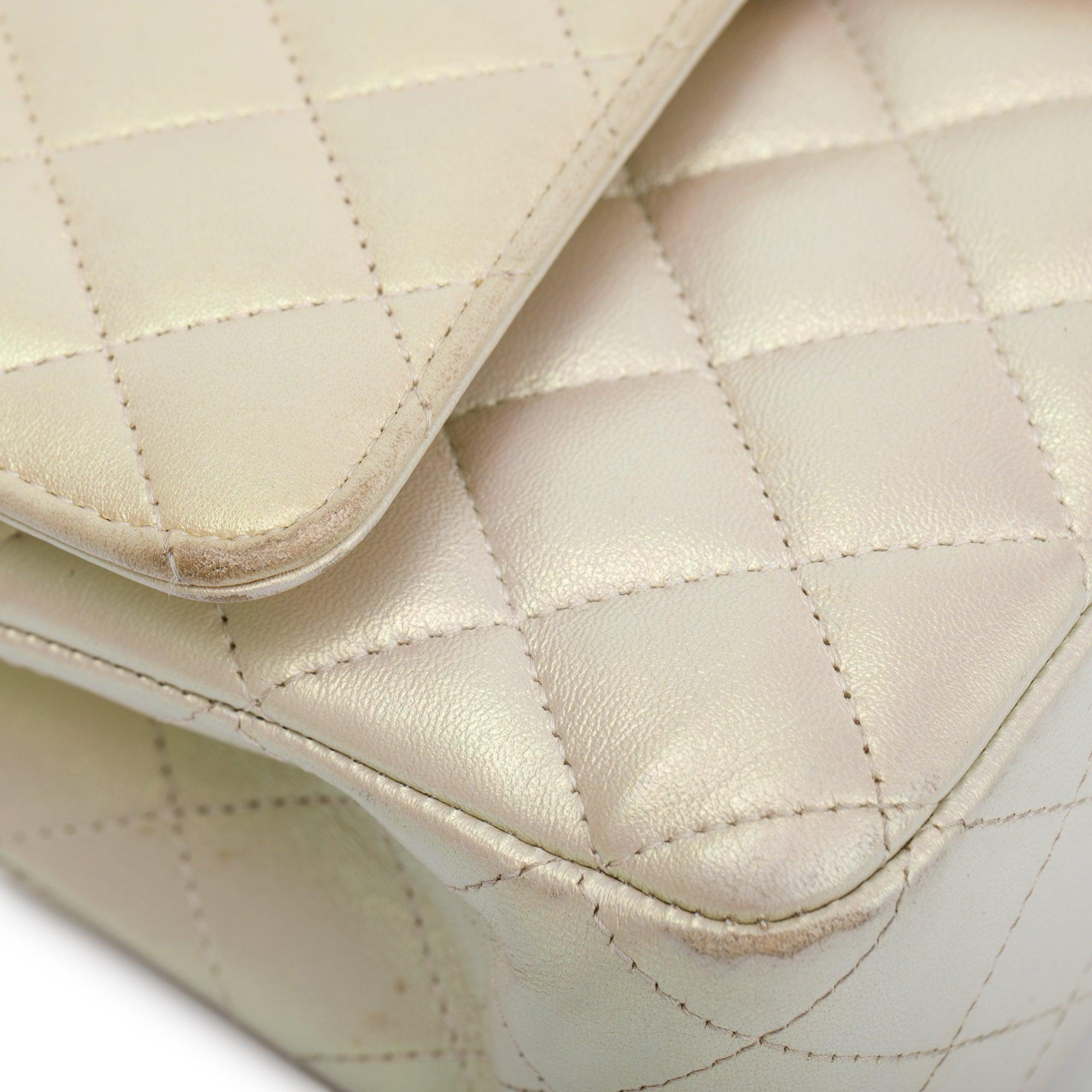 Chanel 2020 Beige Iridescent Calfskin Leather Classic Medium Double Flap Bag